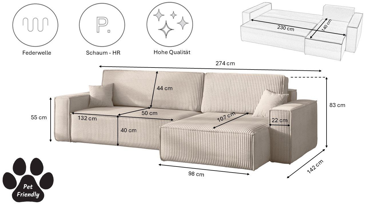 Kaiser Möbel Ecksofa mit schlaffunktion und bettkasten, BEST XL stoff Poso, Quelle, Verita, Mit Bettfunktion und Bettzeugfach