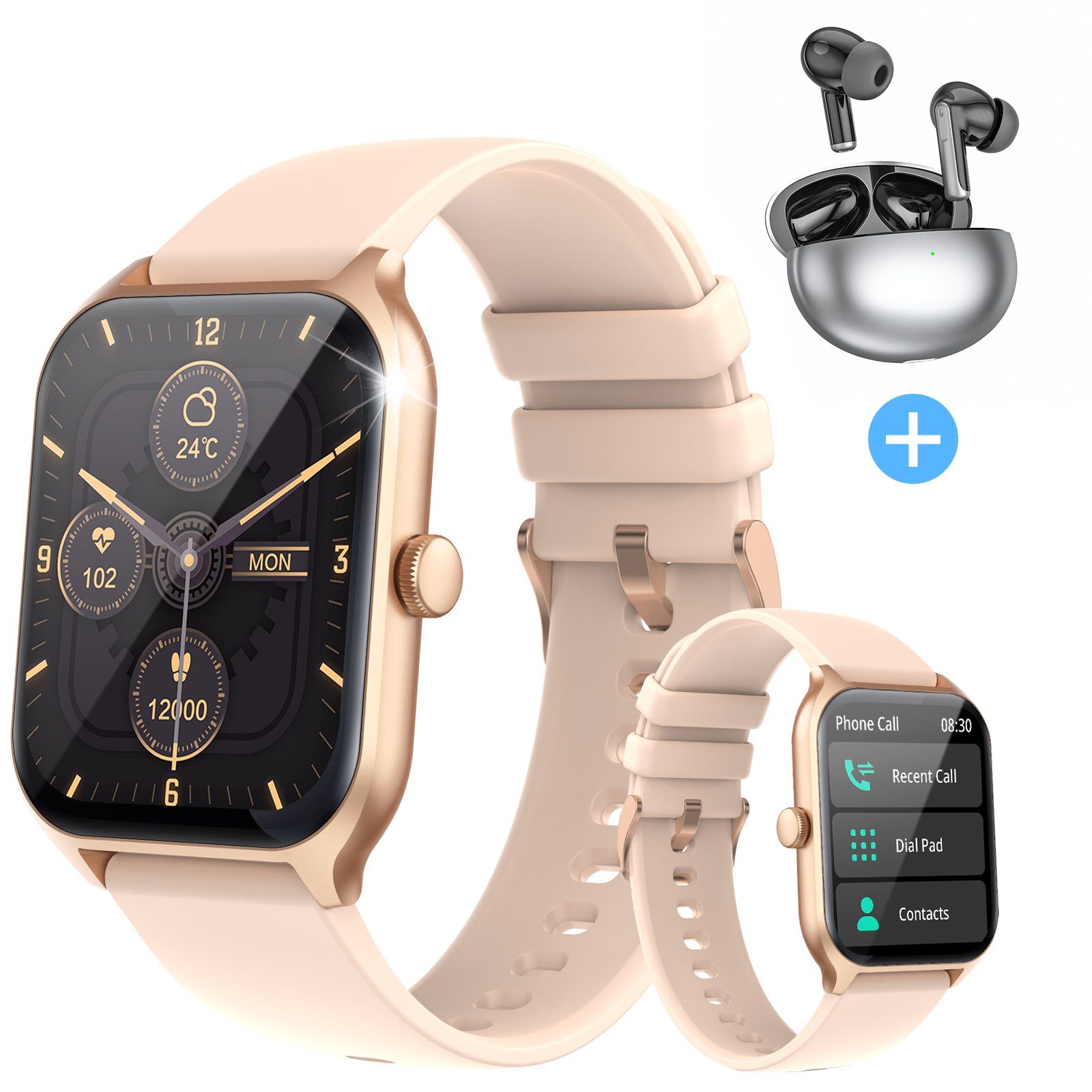 Yuede Smartwatch,Neueste 1,96-Zoll-Fitness-Smartwatch für Damen Herren Smartwatch (Bluetooth 5.2 Anruffunktion, Uhr mit Schrittzähler, Pulsuhr, Blutdruckmessung und Sauerstofffunktion( SpO2) , Zoll) Bluetooth 5.3 Kopfhörer mit Duale Rauschunterdrückung(Anc+Enc) Combo, IP67 Wasserdichte Sportuhr mit 100 Trainingsmodi, 7 Tage Akkulaufzeit, für Android IOS