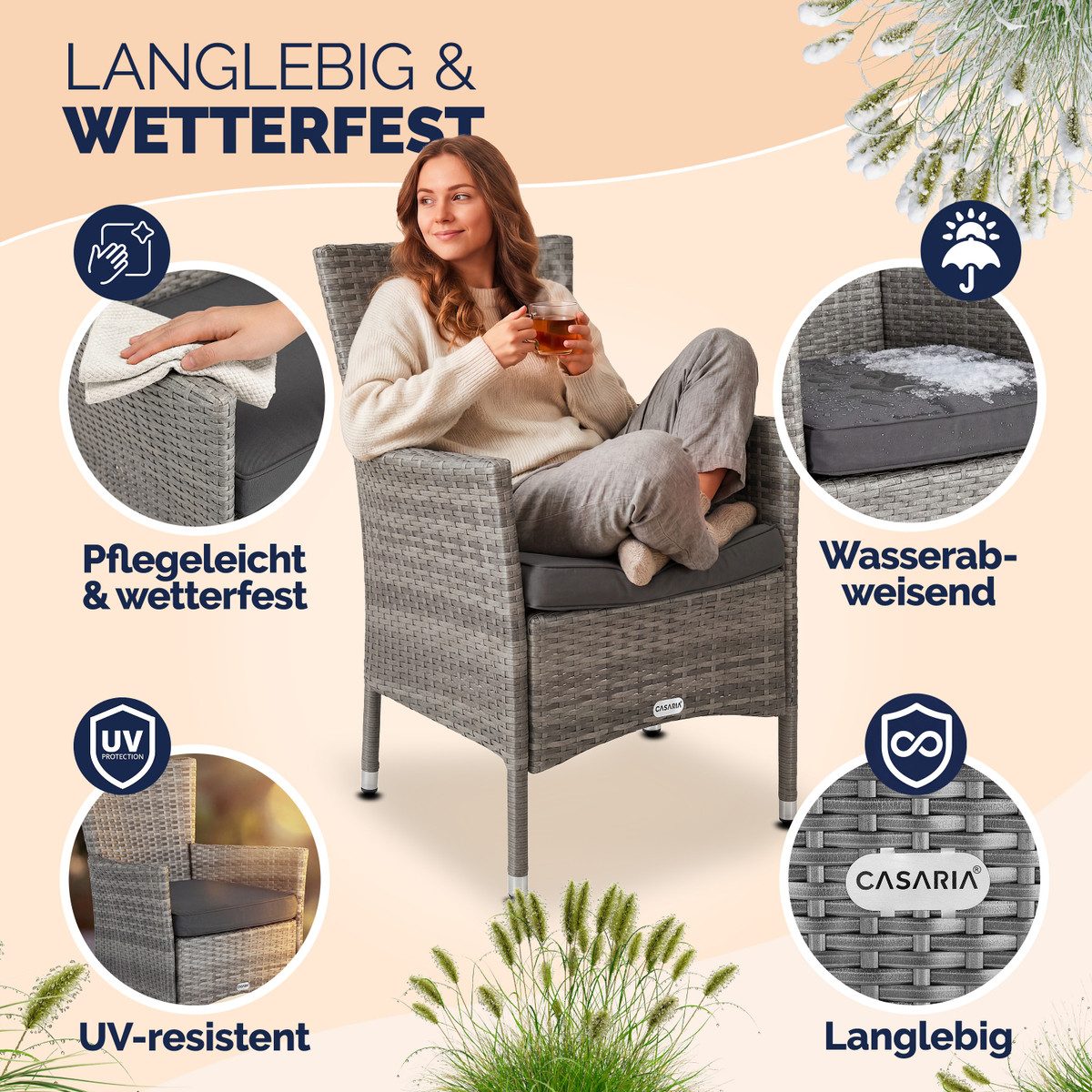Casaria Gartenstuhl (4 St), Polyrattan 4er Set Stapelbar 7 cm Auflagen 160 kg Belastbarkeit
