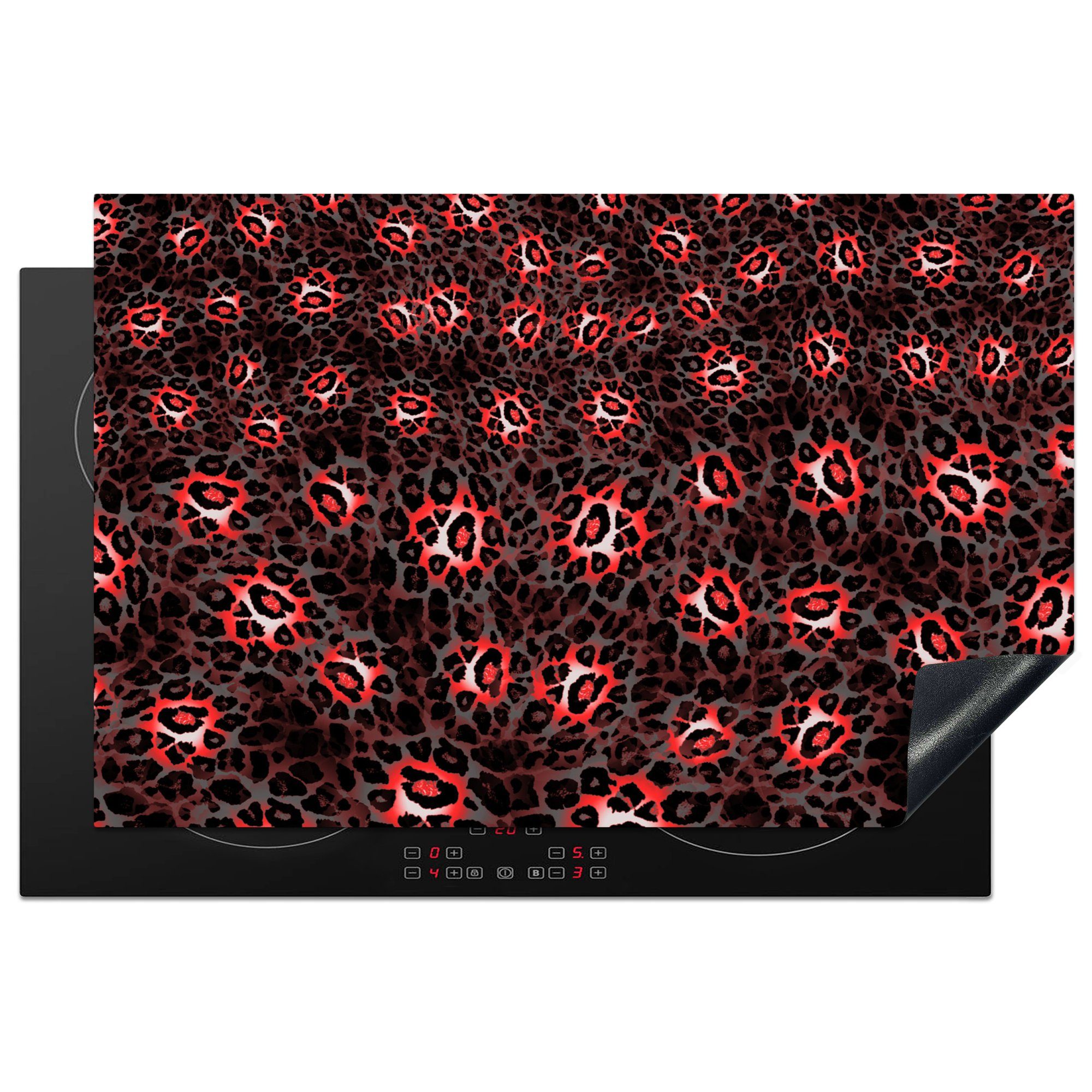 küche, - - (1 81x52 Herdblende-/Abdeckplatte für Leopard Vinyl, tlg), Design Ceranfeldabdeckung die cm, Schutz Induktionskochfeld MuchoWow Rot,