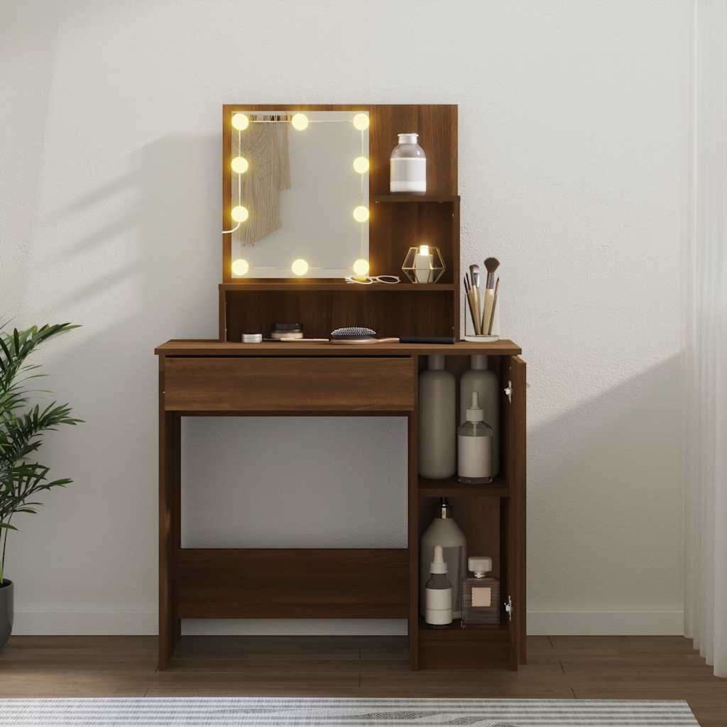 furnicato Schminktisch 86,5x35x136 cm Braun Massivholz Optik (1-St), LED-Spiegeltisch mit USB-Anschluss, Ablagen und Beistellschrank