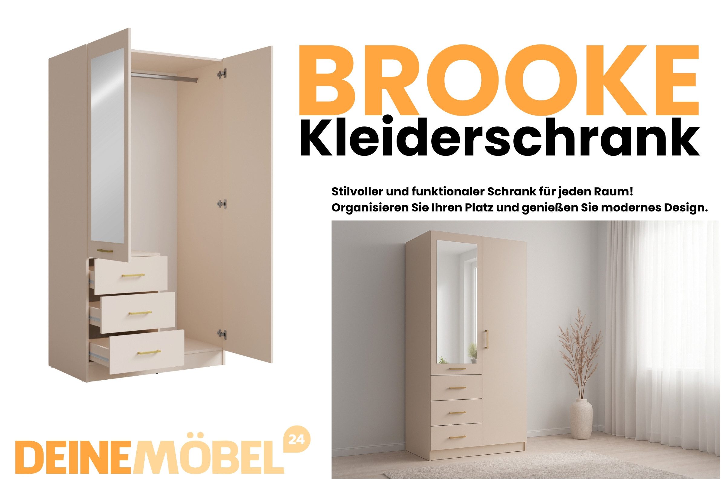 Deine Möbel 24 Kleiderschrank BROOKE 100 / 150 / 200 / 250 cm breit, Farben: Weiß Matt & Beige (Weiß matt oder Sandbeige, 1-St., ideal für jedes Schlafzimmer, Ankleidezimmer oder Flur) Drehtürenschrank mit Spiegel, modern, viel Stauraum