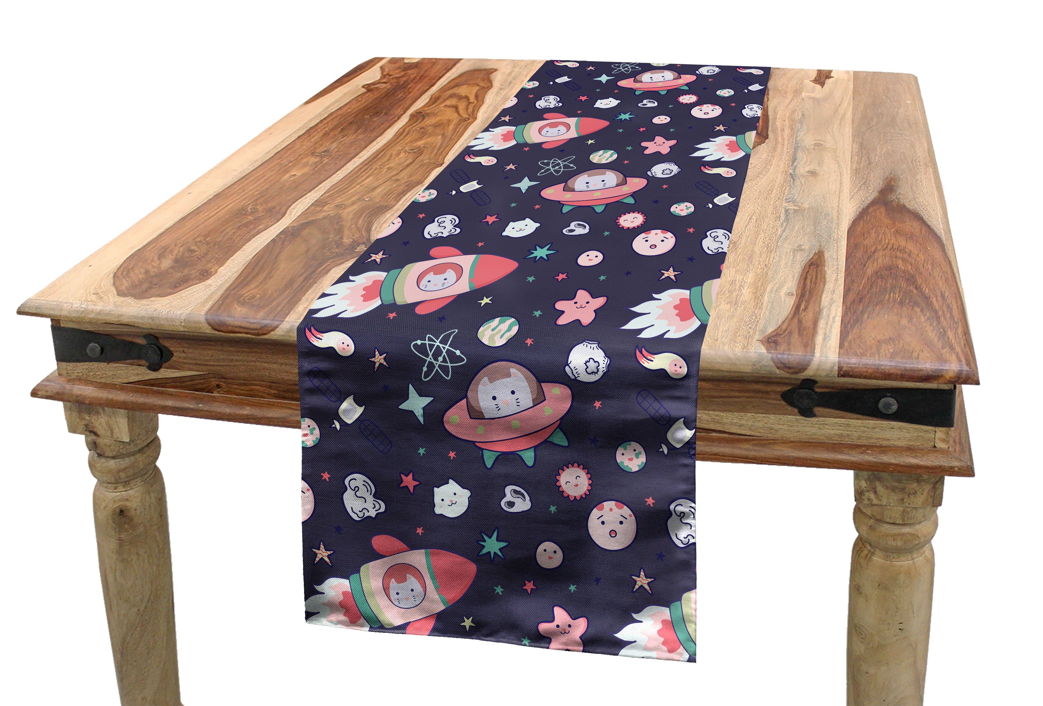 Abakuhaus Tischläufer Esszimmer Küche Rechteckiger Dekorativer Tischläufer, Platz Kawaii Katze in einem Rocket-Sterne