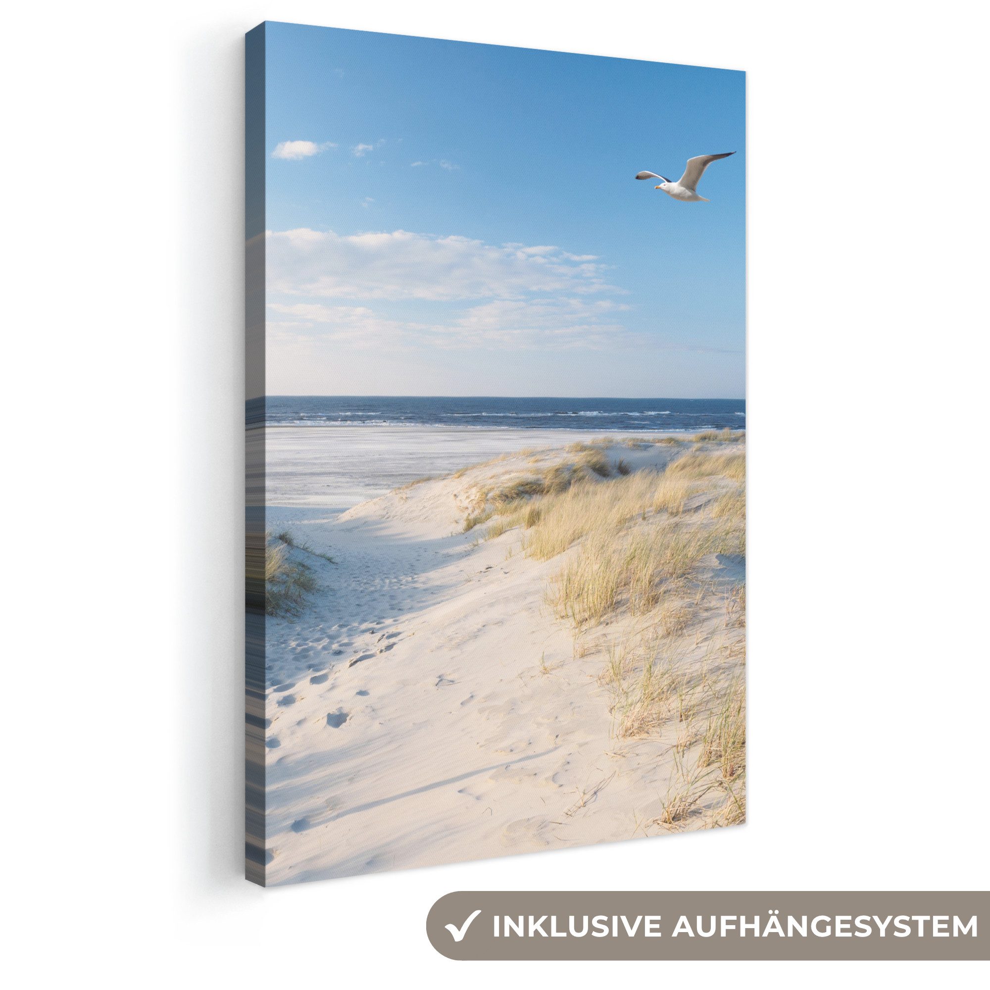 OneMillionCanvasses® Leinwandbild Düne - Möwe - Strand - Meer - Sonne, Fotodruck (1 St), Leinwand Canvas Wandbild, Wanddekoration 20x30 cm