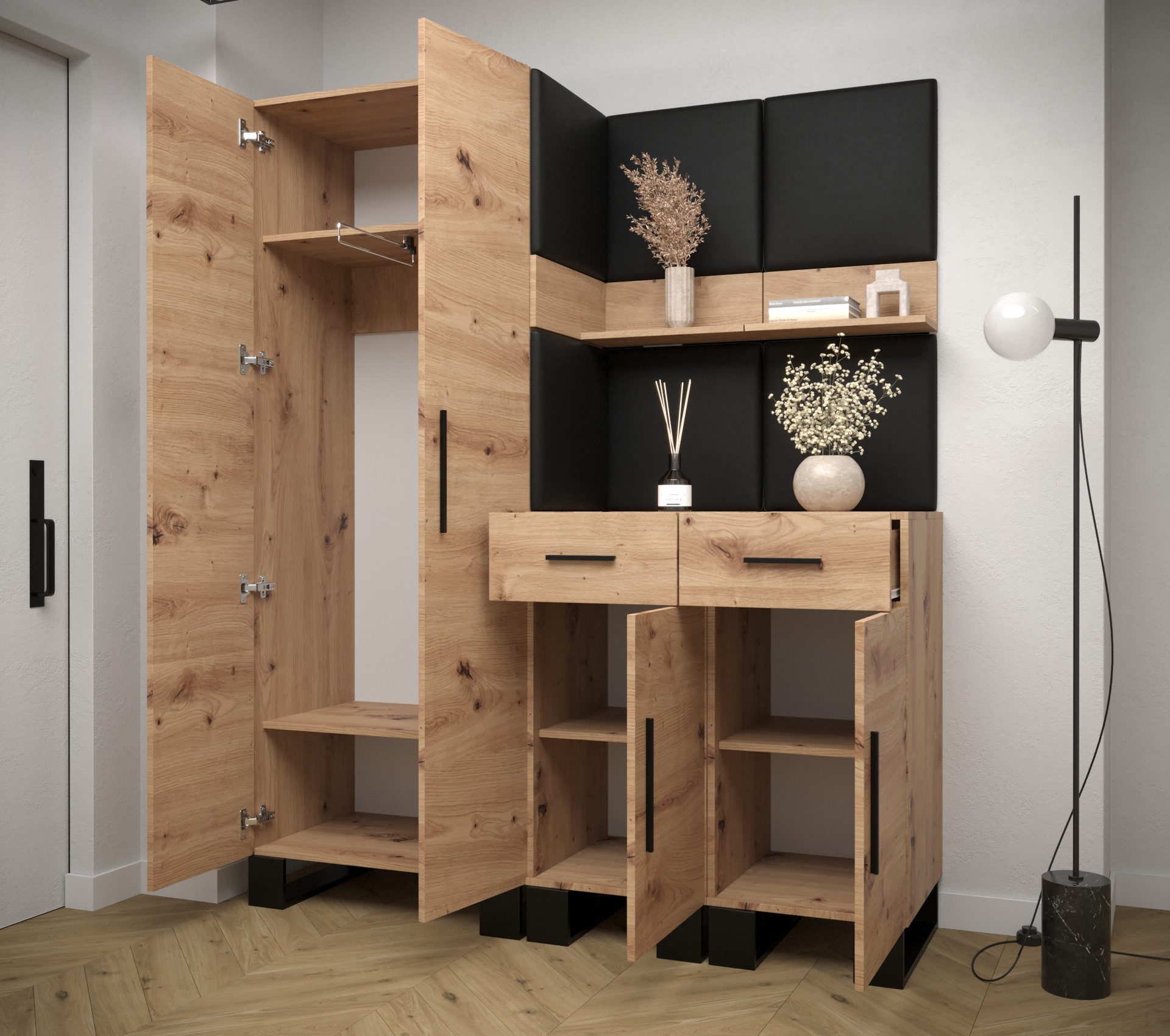 ABIKS MÖBEL Garderoben-Set ARTIN Set 7 Garderobe mit gepolsterten Paneelen, Industriell Design