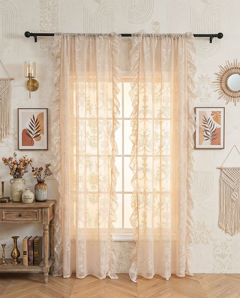 Agger Vorhang Rüschenvorhang im Retro-Stil, Spitzen-Feinvorhang, Türvorhang, halbtransparenter Voile-Vorhang, dekorativer Feinvorhang