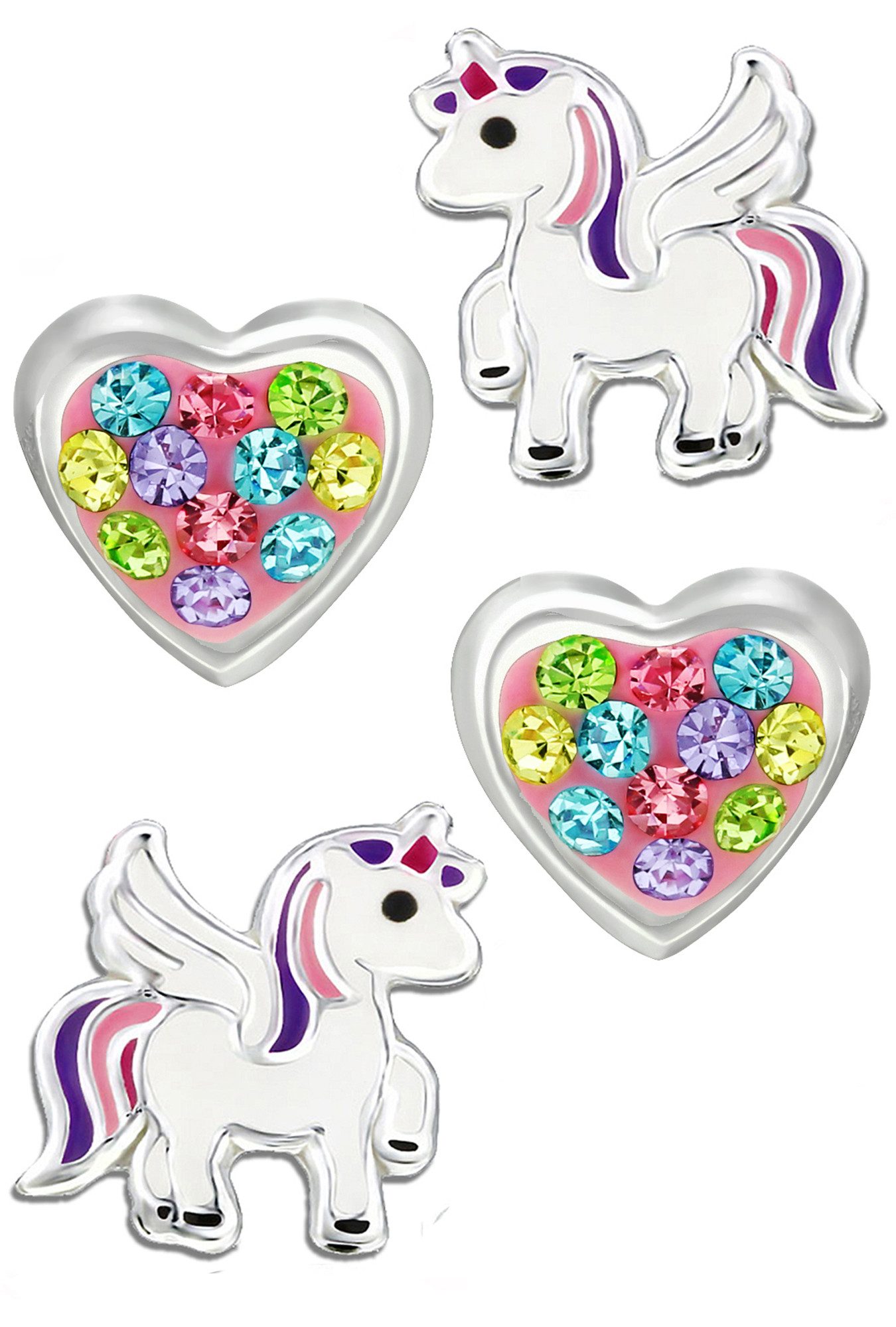 Limana Ohrstecker-Set Ohrringe für Kinder Mädchen 925 Silber Einhorn Pferde Herz, Zikonia Kinderschmuck Kinderohrringe Mädchenohrringe