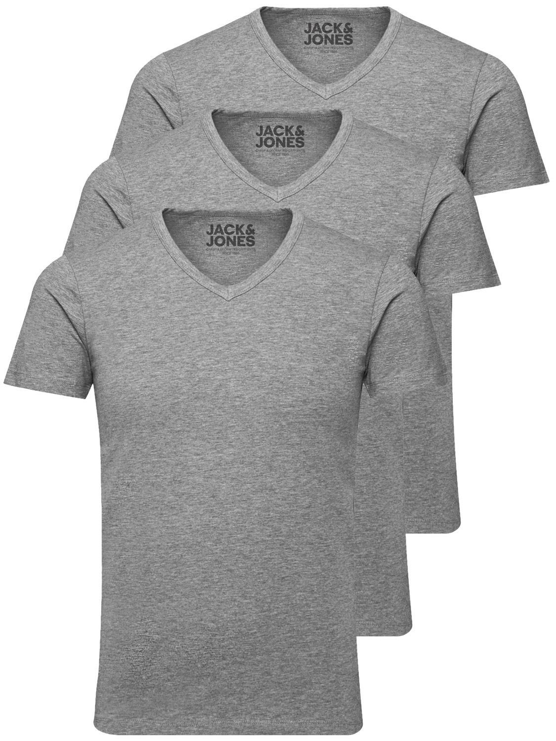 Jack & Jones T-Shirt Basic grau nicht etwas kurz 3er länger geschnitten, Pack) zu V-Neck (3-tlg
