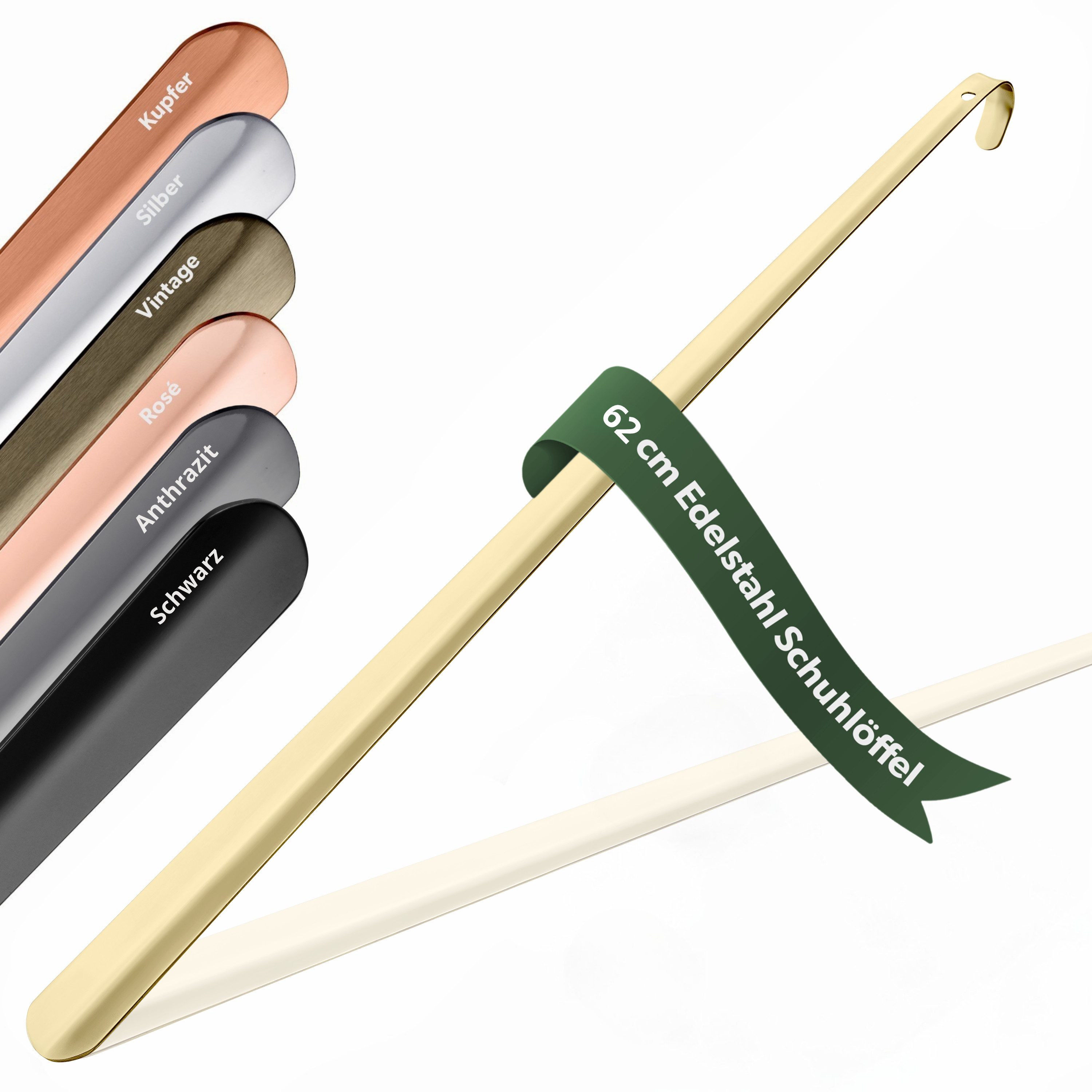 JK Trade Schuhlöffel 62cm Edelstahl Gold poliert (1-tlg., extra lang & stabil), Metall Schuhanzieher lang zum Stehen, Aufhängbar, 2mm Extra Stabil