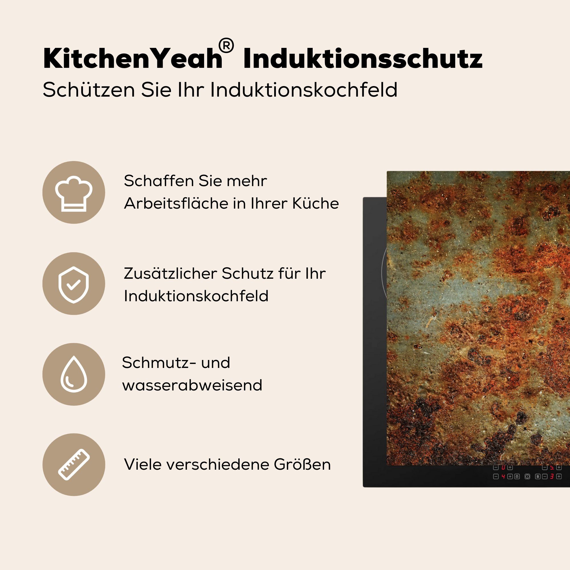 MuchoWow Herdblende-/Abdeckplatte Rost - küche Wand für 78x78 Arbeitsplatte Vinyl, Ceranfeldabdeckung, cm, - Grau, tlg), (1