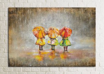 YS-Art Gemälde Sommerregen, Menschen, Kinder mit Regenschirm Leinwand Bild Handgemalt Kinderzimmer