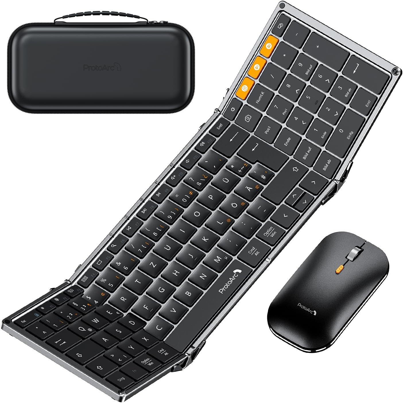 ProtoArc Faltbare Full-Size Bluetooth 2.4G+Dual Bluetooth Tastatur- und Maus-Set, Klappbare Tastatur & Maus: Leise, tragbar, vielseitig!