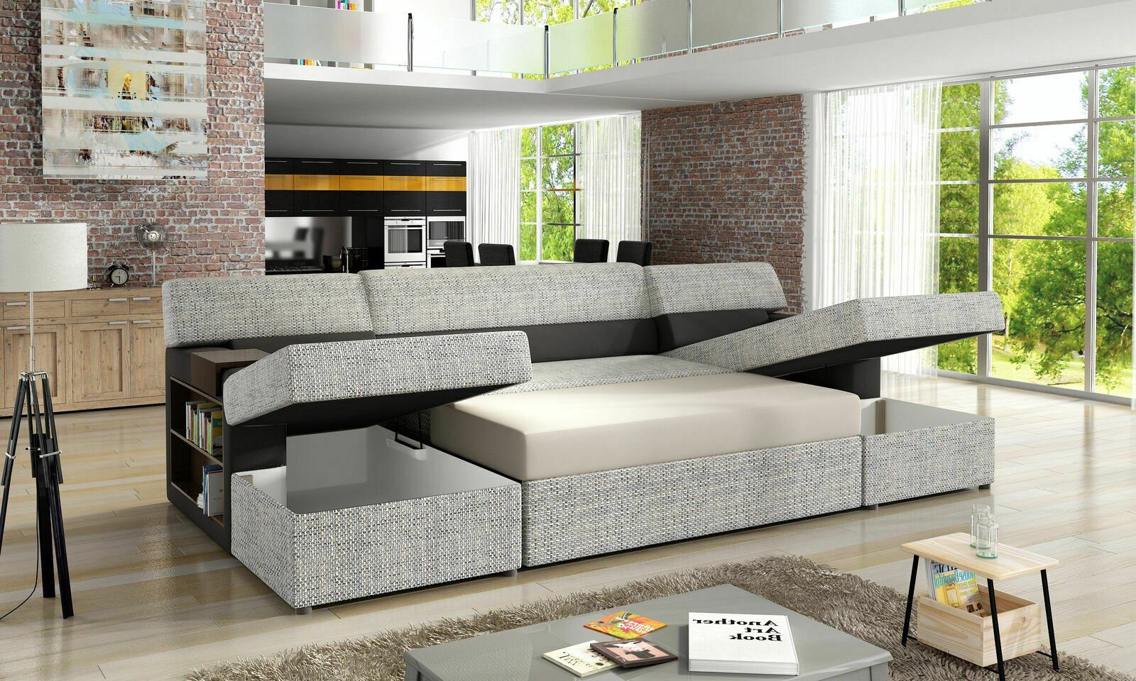 JVmoebel Ecksofa, Design Ecksofa Markos U-form Bettfunktion Couch Hellgrau