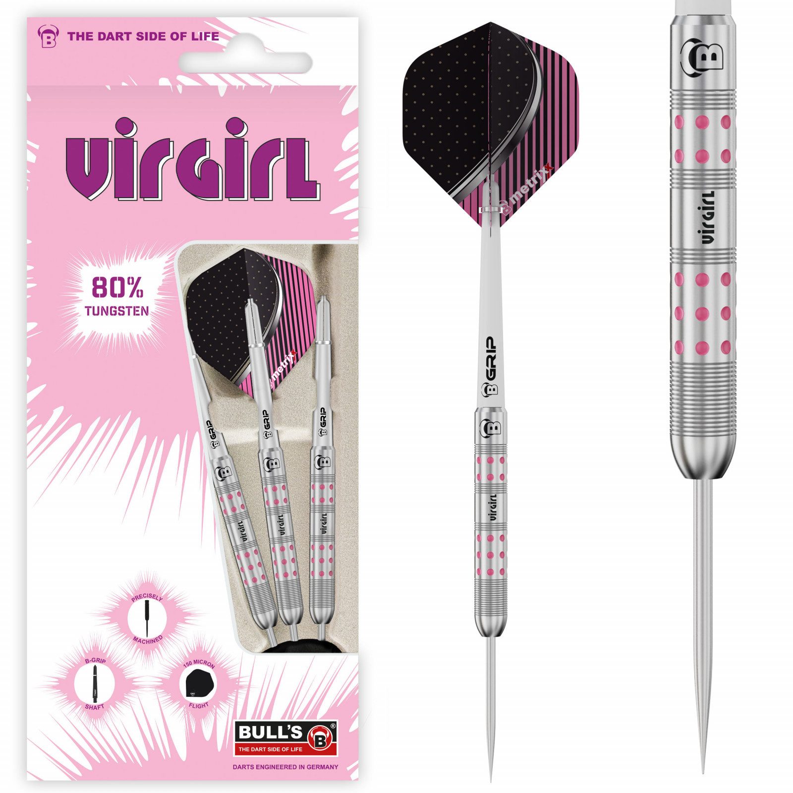 BULL'S Dartpfeil Bull´s Steeldart Virgirl VR1, 80% Tungsten, 21g. Rosa, silber, 80% Tungsten, Kompletter Satz