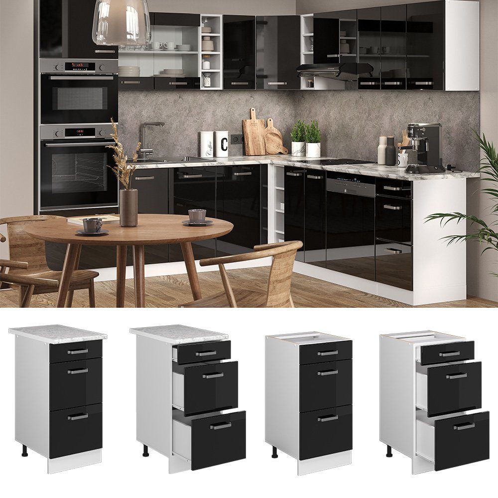 Vicco Unterschrank R-Line Schwarz Hochglanz/Weiß, 40cm mit Schubladen ohne Arbeitsplatte (1-St)