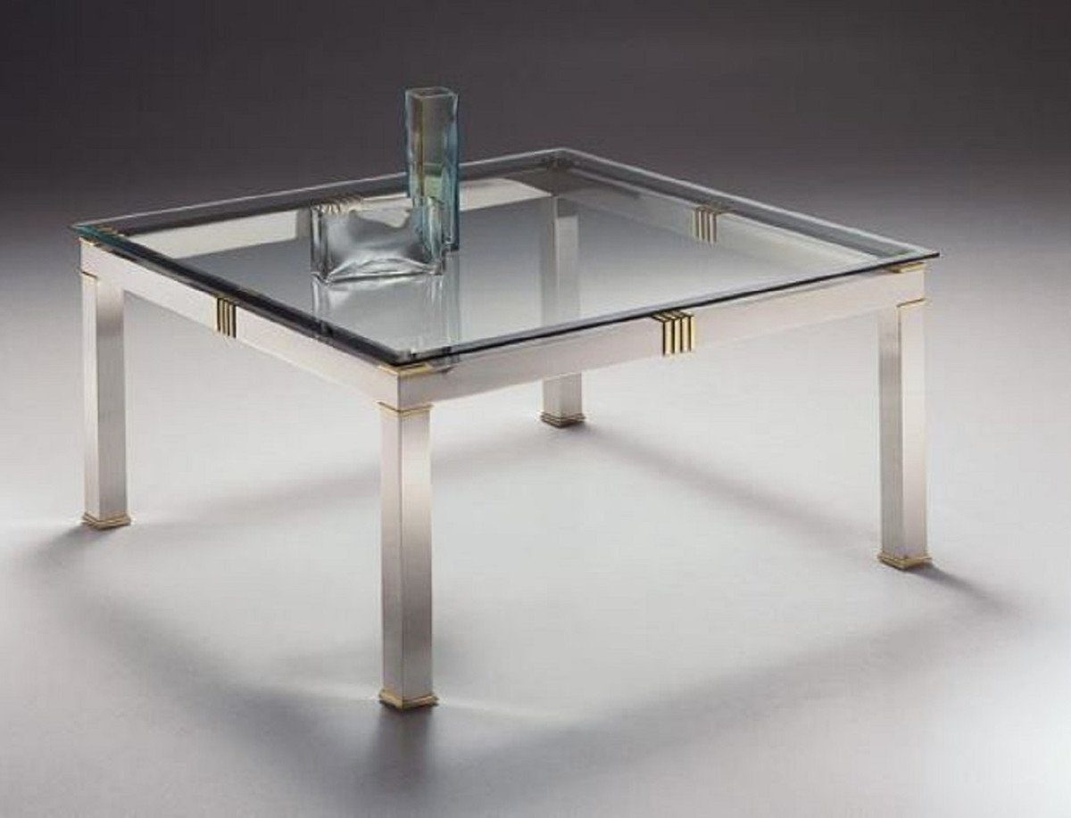Casa Padrino Couchtisch Luxus Couchtisch Silber / Messingfarben 100 x 100 x H. 48 cm - Quadratischer Messing Wohnzimmertisch mit Glasplatte - Möbel - Luxus Qualität