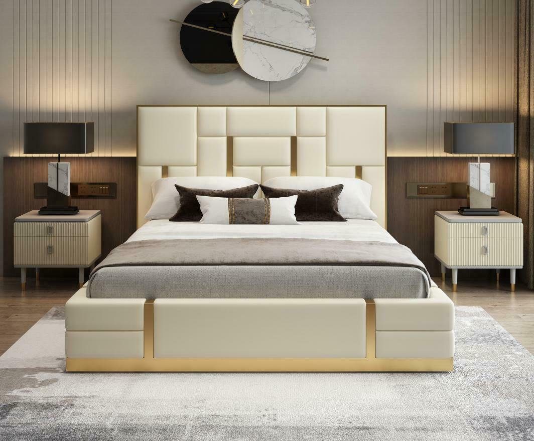 Luxus Bett Bett, JVmoebel Schlafzimmer Weiß/Gold Italienisches Leder Betten Doppel Polster