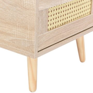 Fangqi Nachttisch 55x40x40cm Eiche Rattan Ablagetisch,mit 2 Schubladen Nachttisch (Massivholztisch, rustikaler Stil, Tischplattenbelastung 30kg)