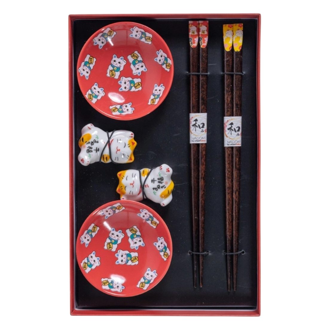 Dark-Desires Essstäbchen Lucky Cats 2 Paar Essstäbchen aus Holz mit Halter Kawaii Glückskatze