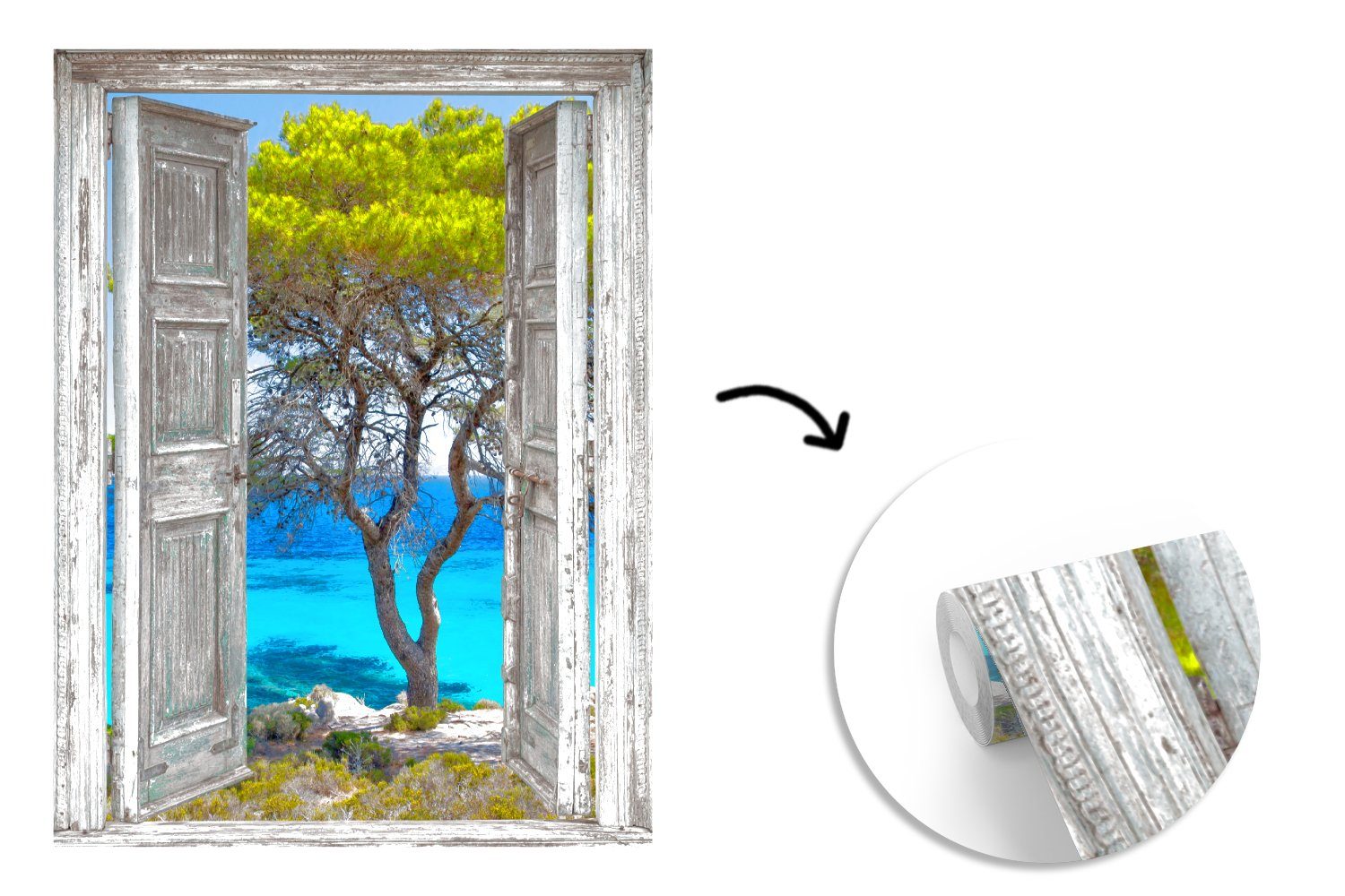 Meer MuchoWow Tropisch Fototapete - bedruckt, Tapete - Wandtapete für Matt, - Blick Montagefertig Vinyl Strand, Baum - Wohnzimmer, (4 St),