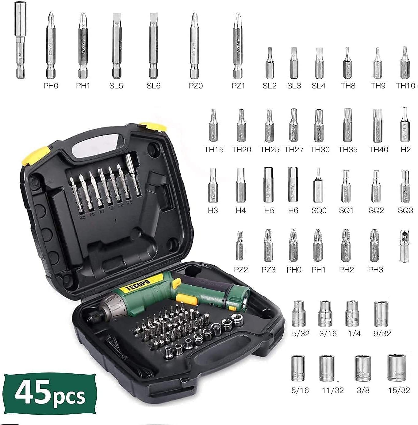 Teccpo Akku-Schrauber, 6,00 Nm, (Elektrischer Schraubendreher, 45-tlg., 2000mAh Li-Ion, 9+1 Drehmomentstufen), Selbstverriegelungsfutter, 2 LED-Lichter, Einstellbare 2 Positionen