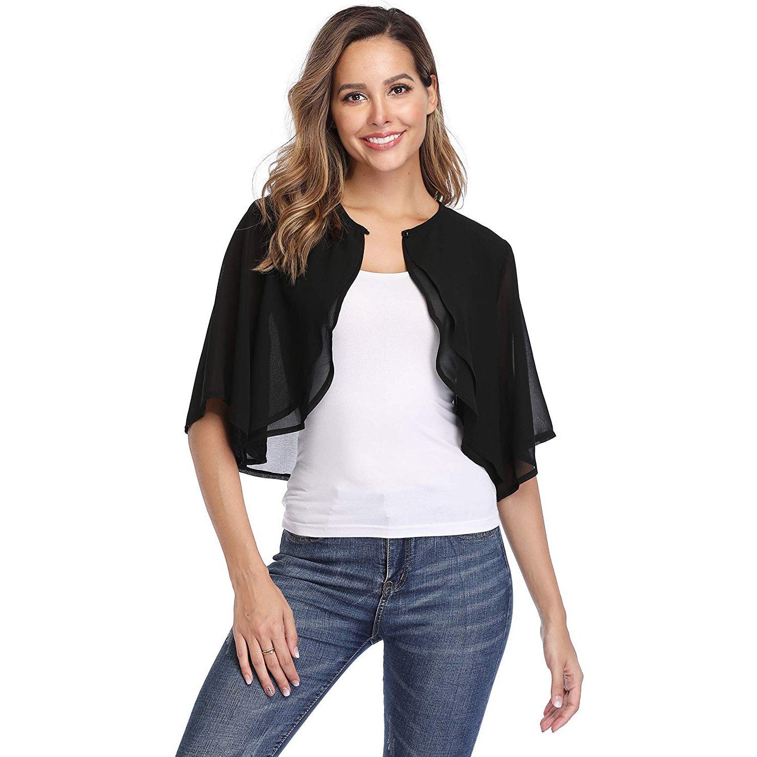 Zaewry Bolero Damen-Bolero aus Chiffon,3/4-Arm,Chiffon Coverup,Fließend,zart,luftig Geeignet für elegante Dinner-Anlässe