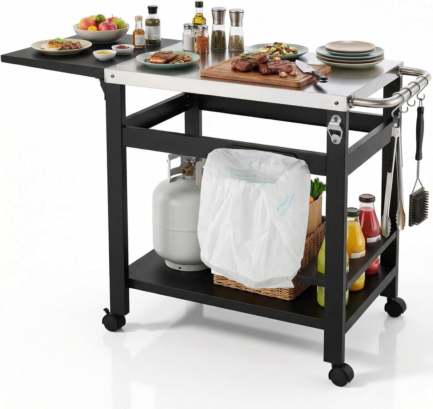 TLGREEN Grillablagetisch Grillwagen Edelstahl mit Klappbarem Beistelltisch (2-Ebenen Outdoor Küchenwagen mit 4 Rollen(2 mit Bremse) & Weinregal, Robuster Servierwagen für Garten BBQ Terrasse Balkon), 116x48,5x80,5 cm