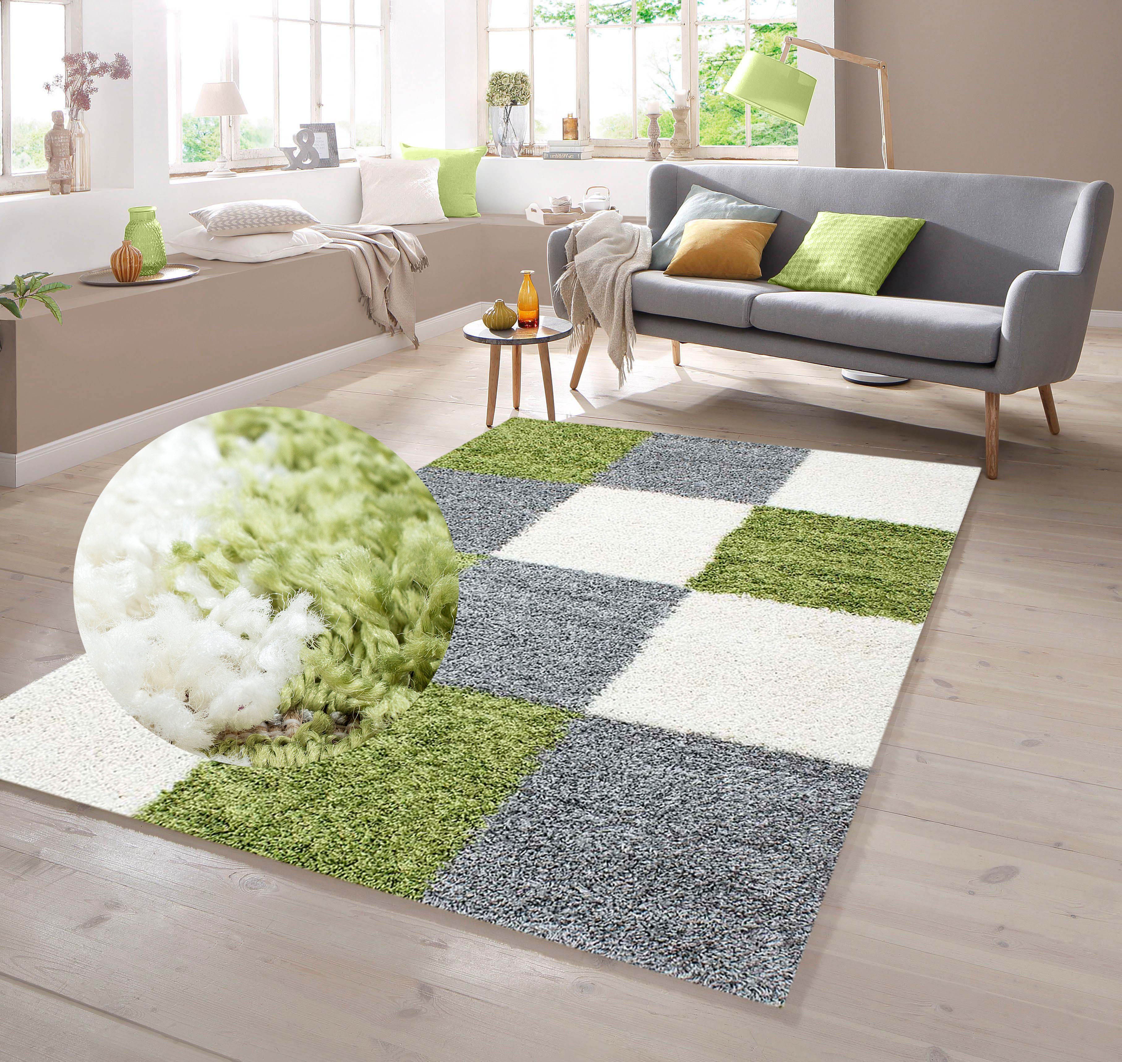 TeppichHome24 Teppich Shaggy Teppich in Karo Design Grün Grau Creme, rechteckig
