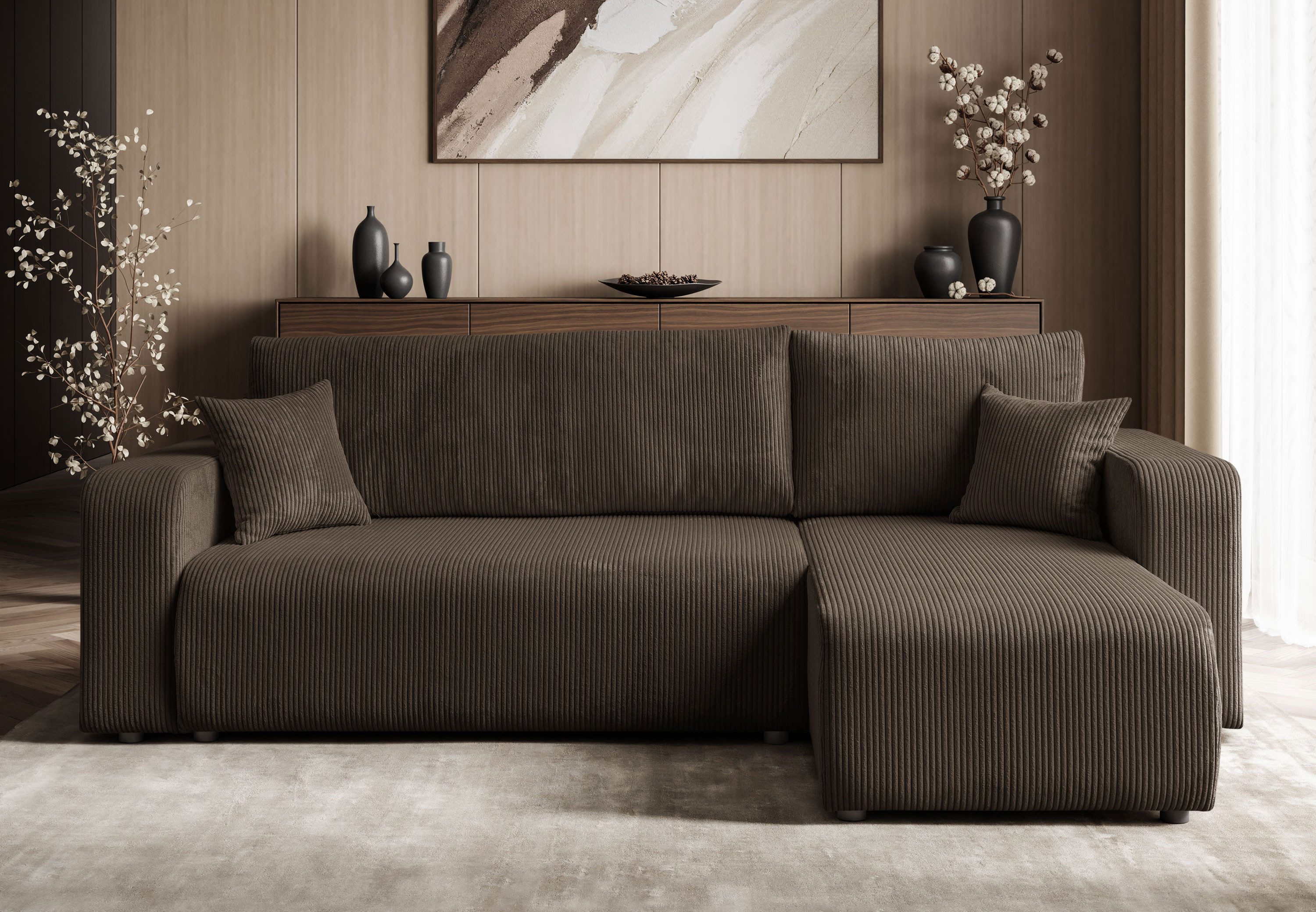 Lookway Ecksofa PRESTIGE L-Form Couch, Cord-Stoff, mit Bettfunktion und Bettkasten, Seite universal, 247/277x143x83 cm