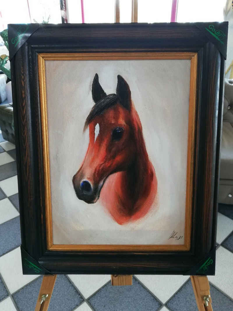 JVmoebel Ölbild Ölbild Gemälde Bilder Bild Handgemalt Öl mit Rahmen Pferd SOFORT, (1 St)