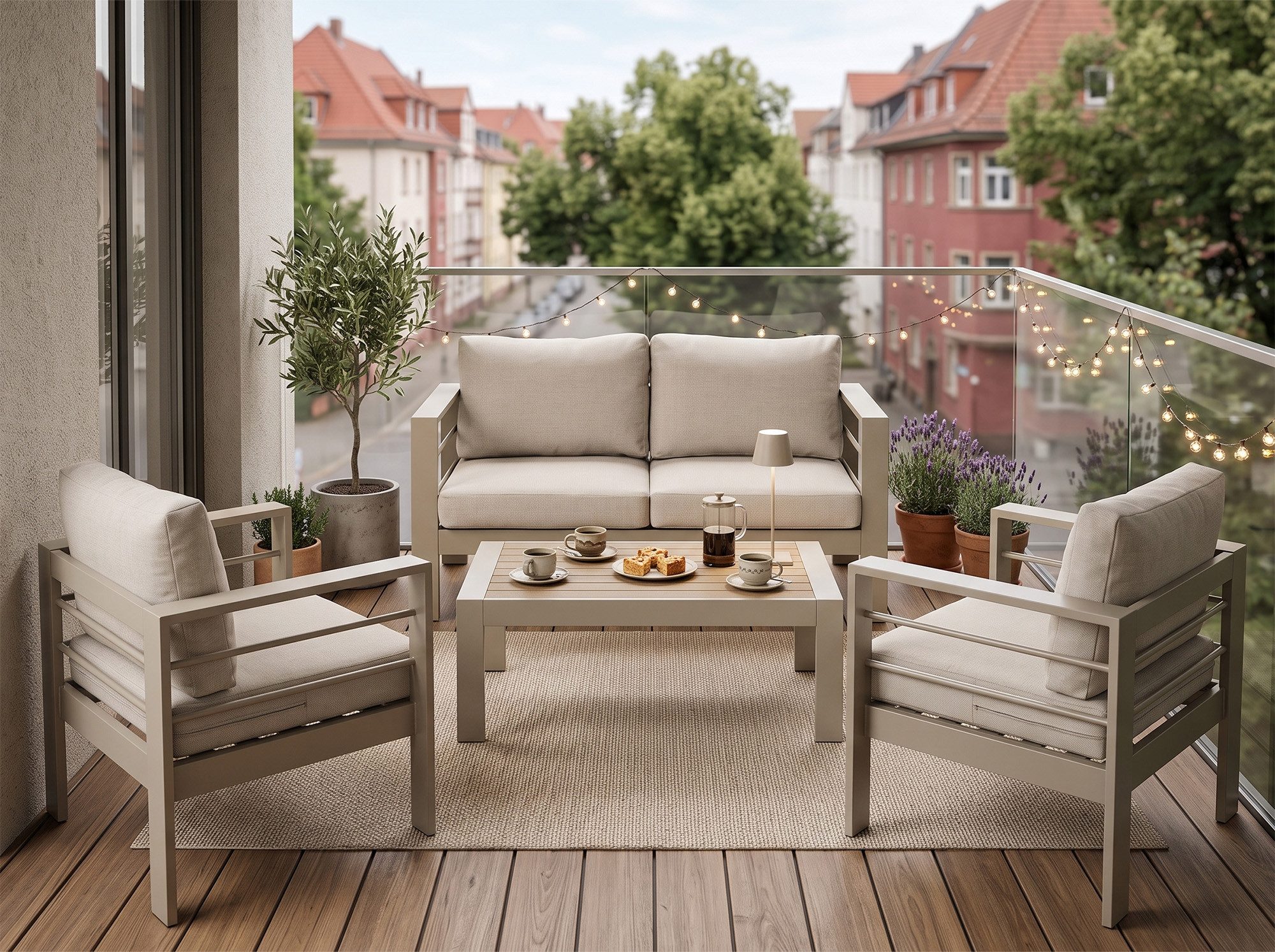 MeXo Gartenlounge-Set Aluminium Gartenmöbel Set Klein 4 Personen wetterfest, (Balkonlounge Outdoor, 12cm Deluxe Relax-Sitzkissen, 4-tlg., Belastbarkeit pro Sitzplatz 140kg), Balkonmöbel-Set, Luxus Relax, Tischplatte aus WPC