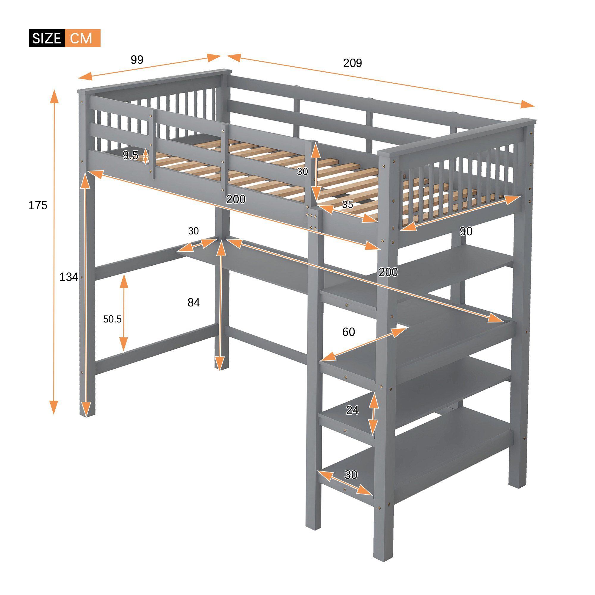 Kinderhochbett und Fangqi Ablagefächern Unterbettschreibtisch Bett mit 90x200cm