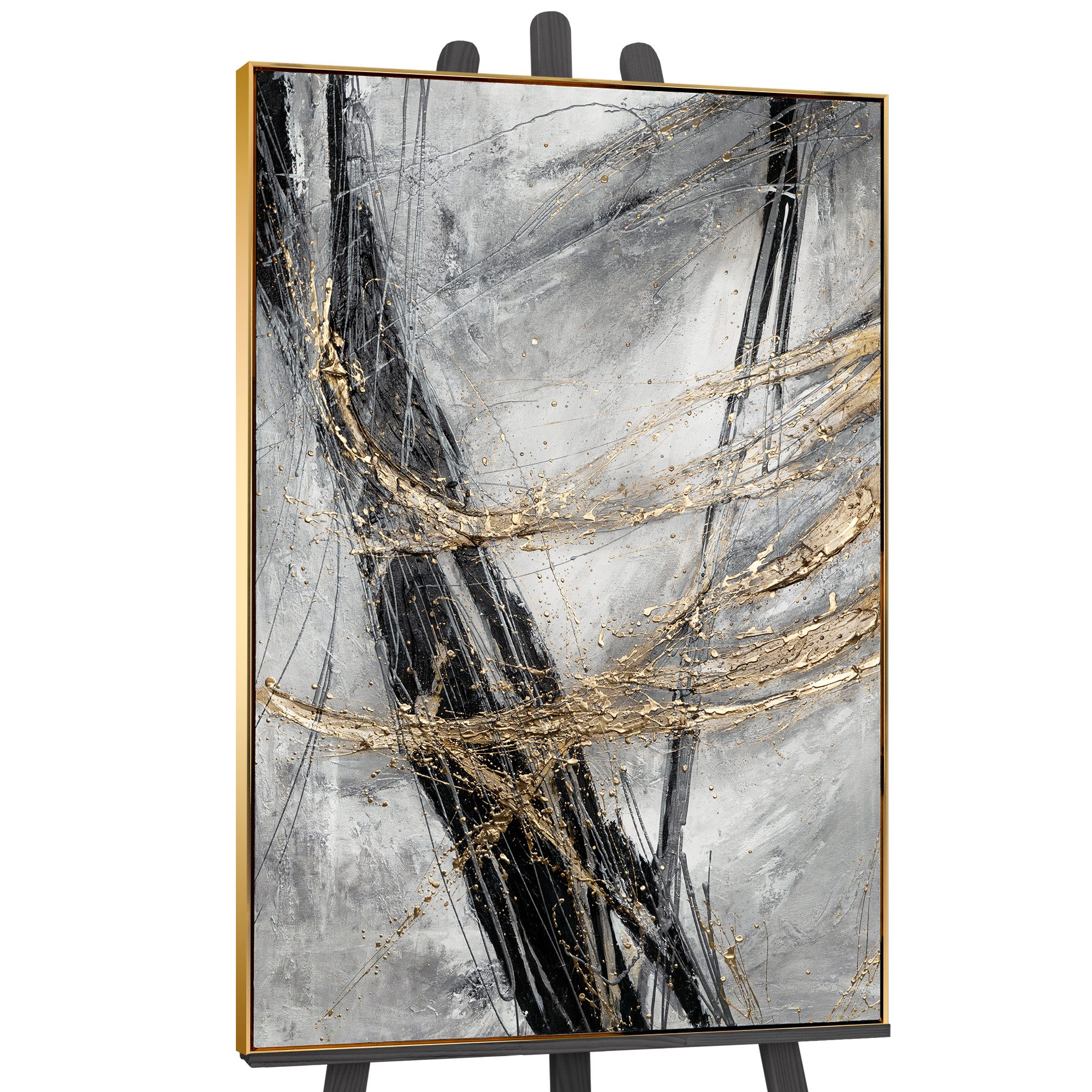 YS-Art Gemälde Goldener Strich, Abstraktion, Abstraktion in gold und grauen Farben in einem Schattenfugenrahmen