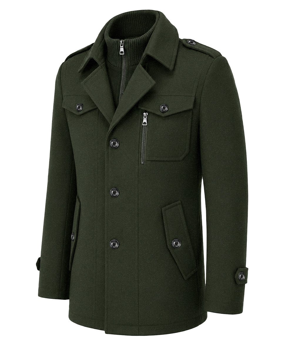 Allthemen Kurzmantel Herren Slim Fit Wollmantel mit abnehmbarem Doppelkragen Wintermantel