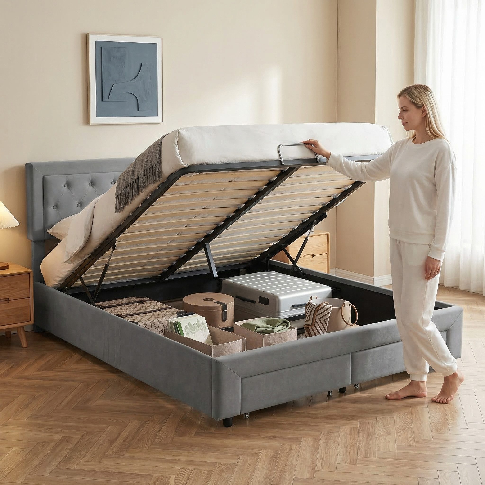 Furnishings Home Polsterbett 180 x 200 Doppelbett LED Hydraulisch anhebbarer Stauraumbett (Mit Lattenrost, Samtmaterial Polsterbett), Modernes Jugendbett, Leises Design Bett, Max. Belastbarkeit 350 kg