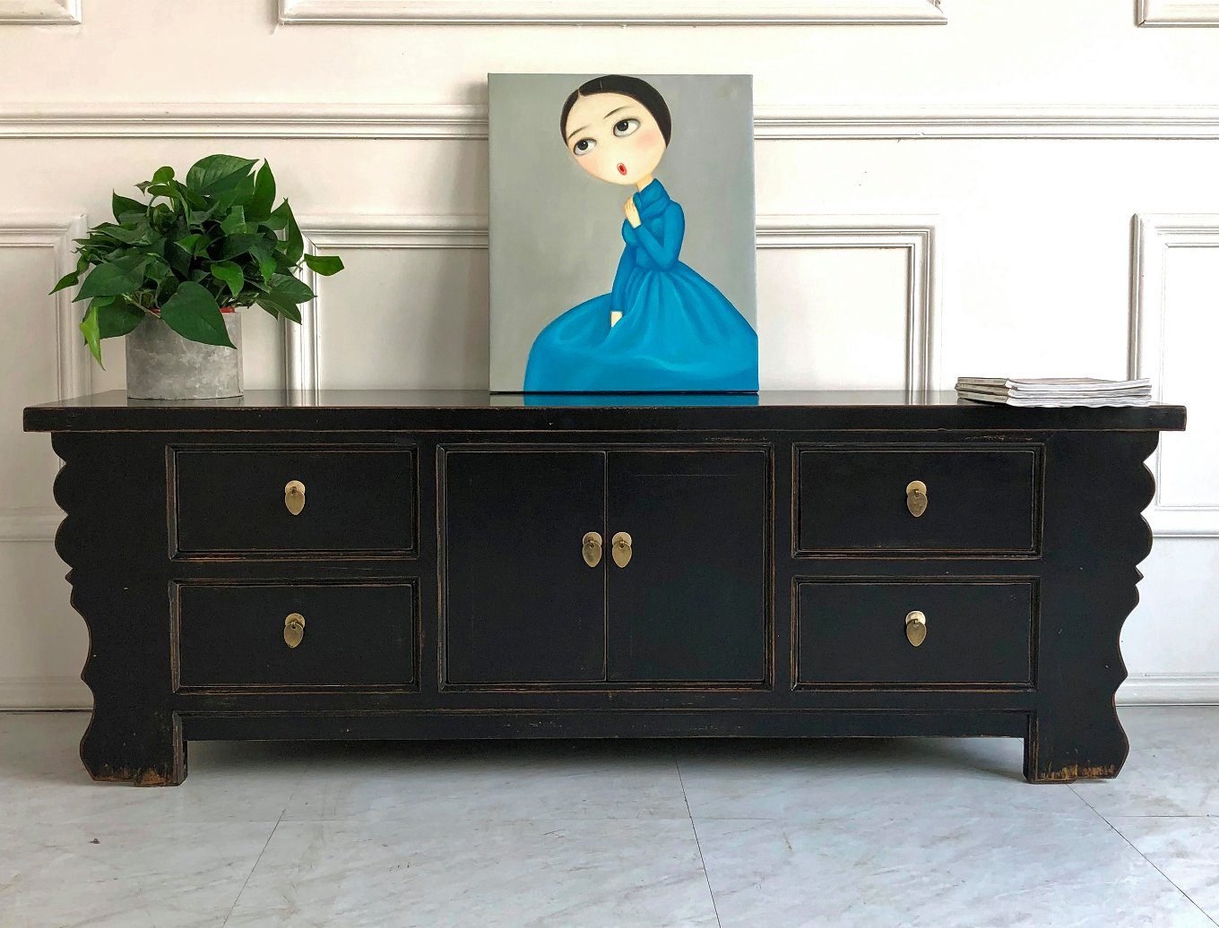 OPIUM OUTLET Lowboard Asiatische Kommode Chinesischer Schrank Lowboard (Asia Hochzeitsschrank schwarz Vintage Landhaus-Stil), Orientalisches TV Sideboard fernöstlich