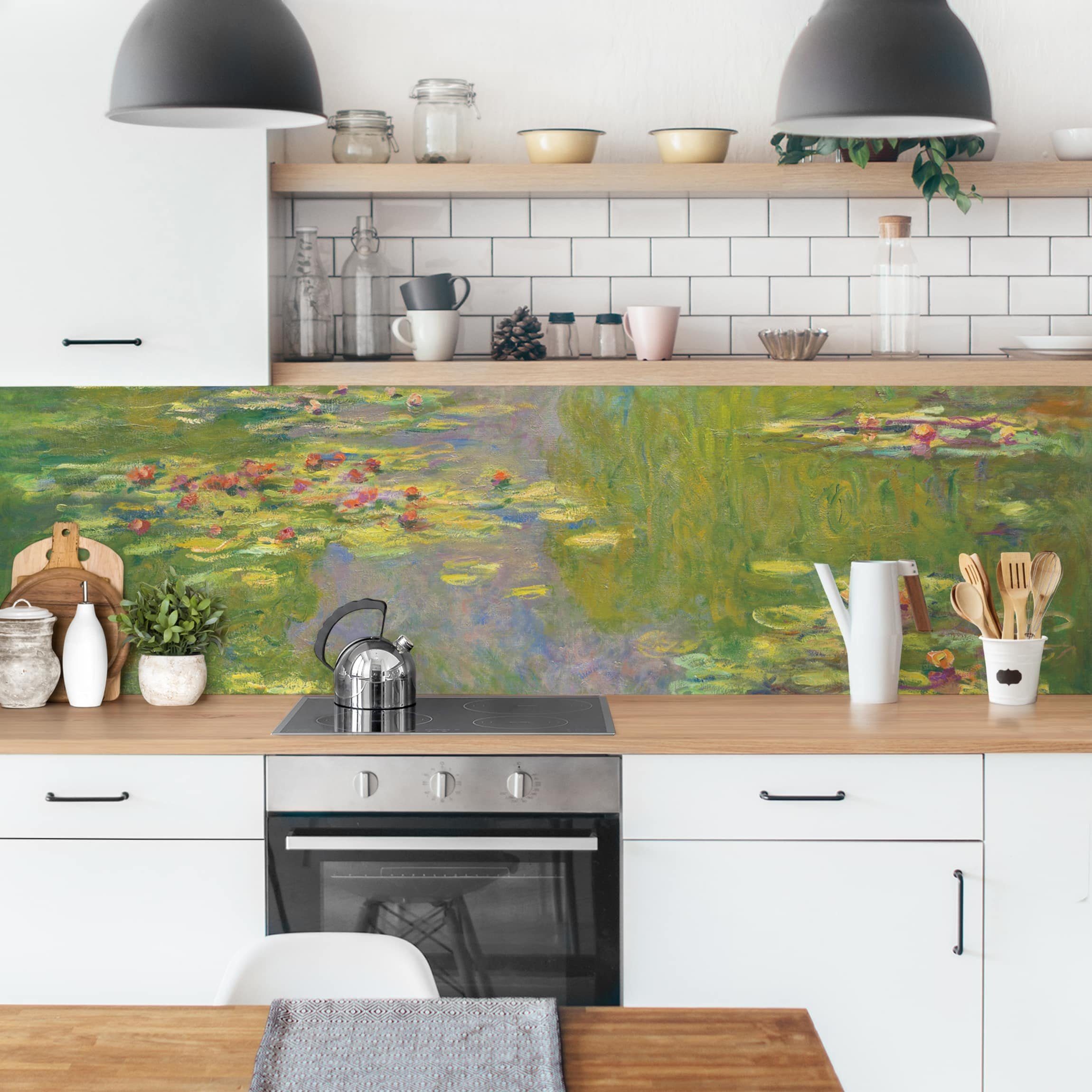 Bilderdepot24 Küchenrückwand grün dekor Blumen Botanik Tropisch Kunst Claude Monet Grüne Seerosen, (1-tlg., Nischenrückwand - für Fliesenspiegel ohne Bohren - matt), Spritzschutz Rückwand Küche Herd - Folie selbstklebend versch. Größen
