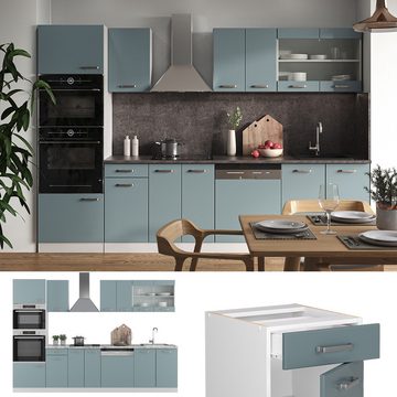 Vicco Küchenzeile R-Line, Blau-Grau/Weiß, 300 cm mit Hochschrank, mit Arbeitsplatte