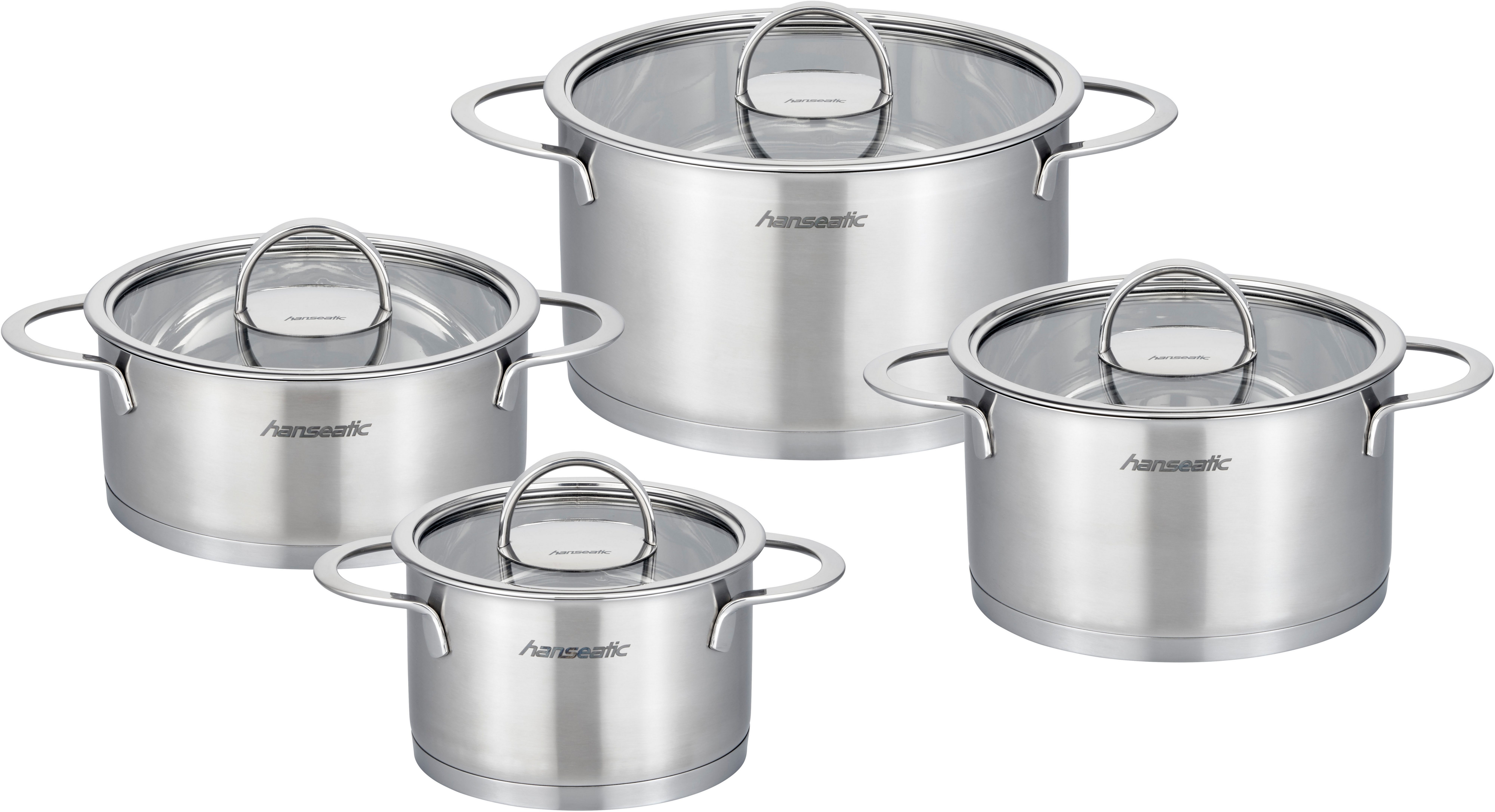 Hanseatic Topf-Set hanseatic, Edelstahl 18/10 (Set, 8-tlg., je 1 Fleischtopf 16/20/24 cm, Bratentopf 20 cm), handfreundliche Kaltmetallgriffe, Literskala, Glasdeckel, Induktion