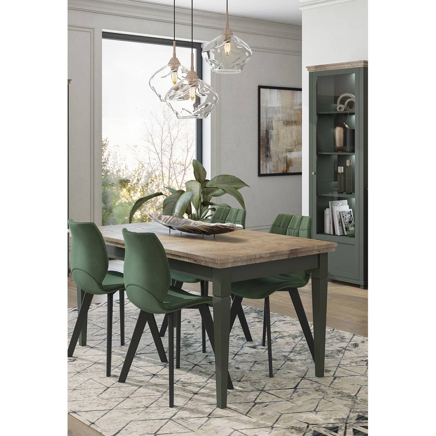 Lomadox Essgruppe »EPSOM-83«, (Spar-Set), Esszimmer Tisch mit Vitrine Landhausstil in grün mit Lefkas Eiche Nb.