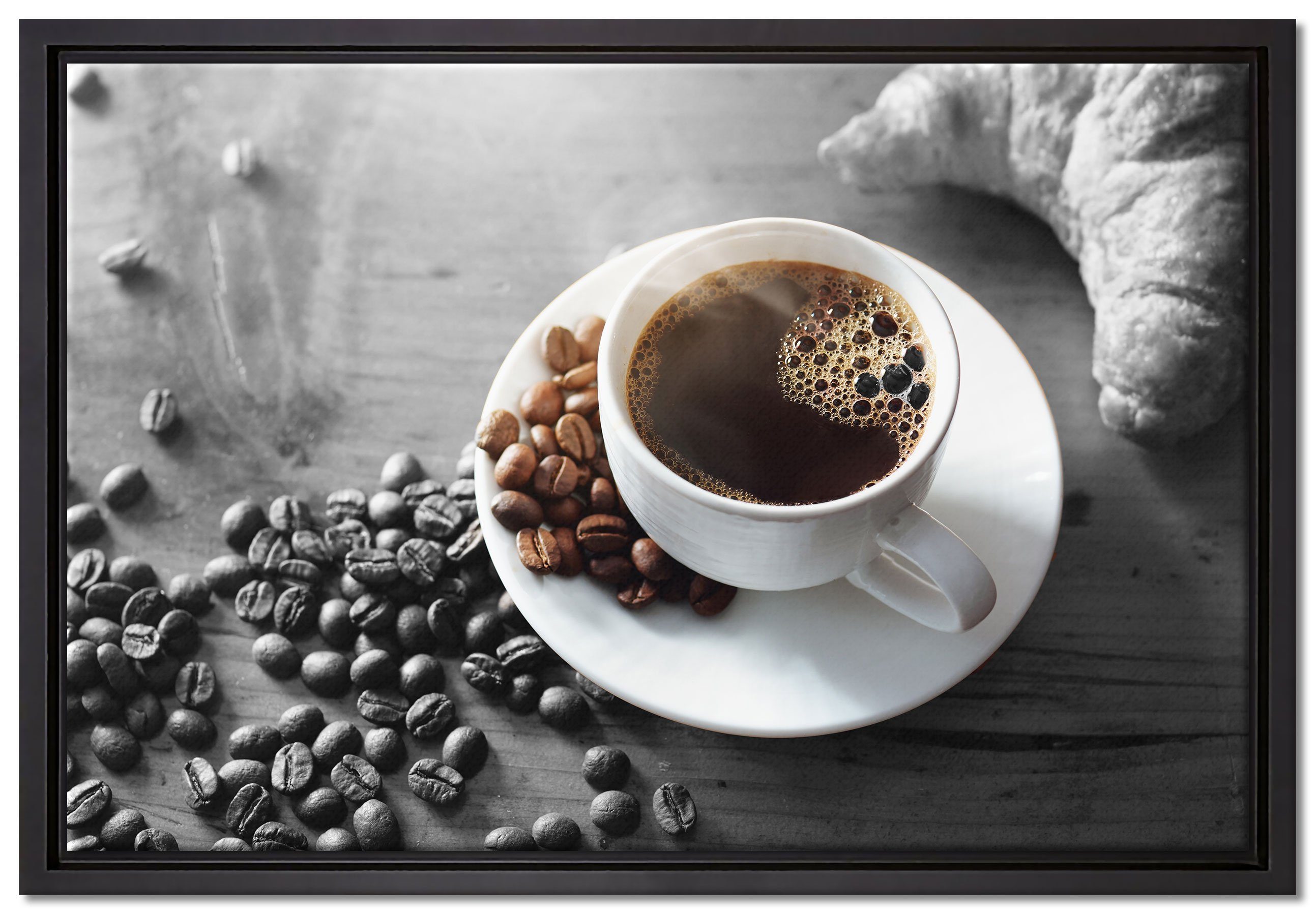 und Zackenaufhänger Leinwandbild inkl. bespannt, in einem B&W Detail, Pixxprint Schattenfugen-Bilderrahmen gefasst, fertig mit Bohnen Tasse Croissant (1 Wanddekoration St), Kaffee Leinwandbild