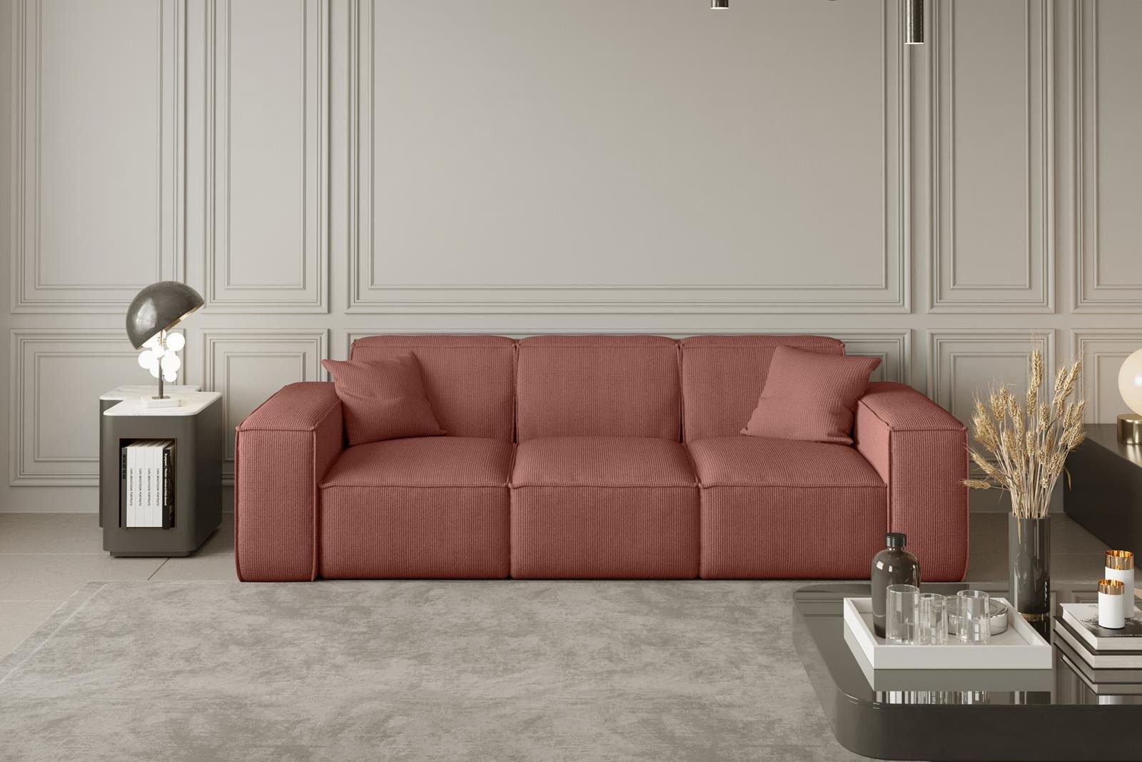 aus Sofa inklusive oder Cordstoff Stil, Veloursstoff, Wellenfedern modernes Beautysofa im Dreisitzer Sofa 3-Sitzer Lugano,