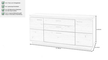 Massivart® Sideboard BARCELONA 180 cm / Massivholz Balkeneiche teilmassiv geölt, 2 Türen / 3 Schubladen / 4 Einlegeböden / LED-Beleuchtung