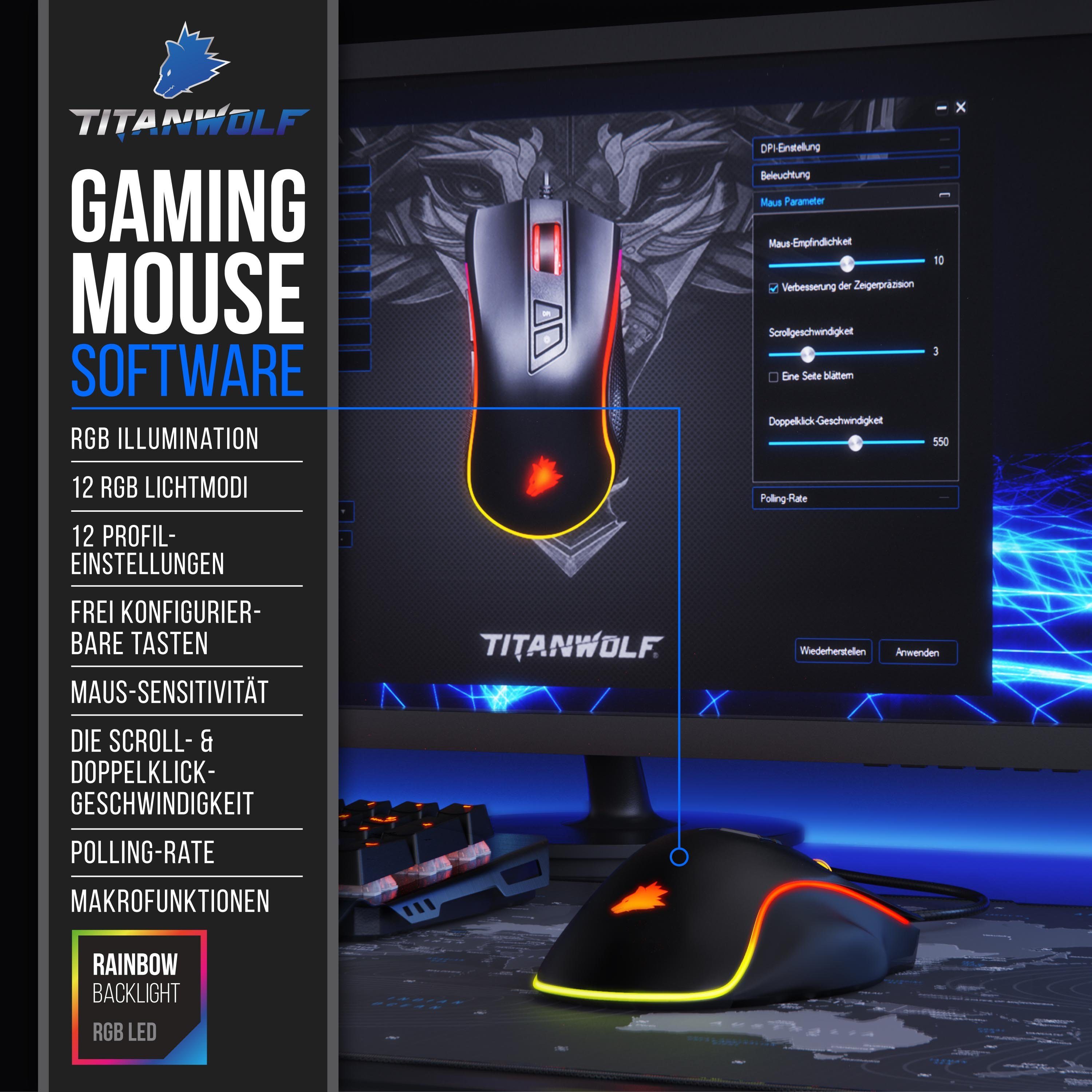 Titanwolf Gaming-Maus (kabelgebunden, 1000 austauschbaren Seitenteilen 12 2 5000 WING, dpi) Benutzerprofile dpi, 