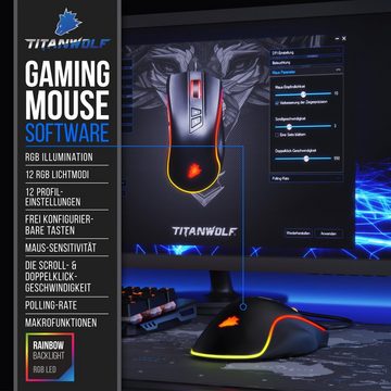 Titanwolf Gaming-Maus (kabelgebunden, 1000 dpi, 2 austauschbaren Seitenteilen WING, 12 Benutzerprofile / 5000 dpi)