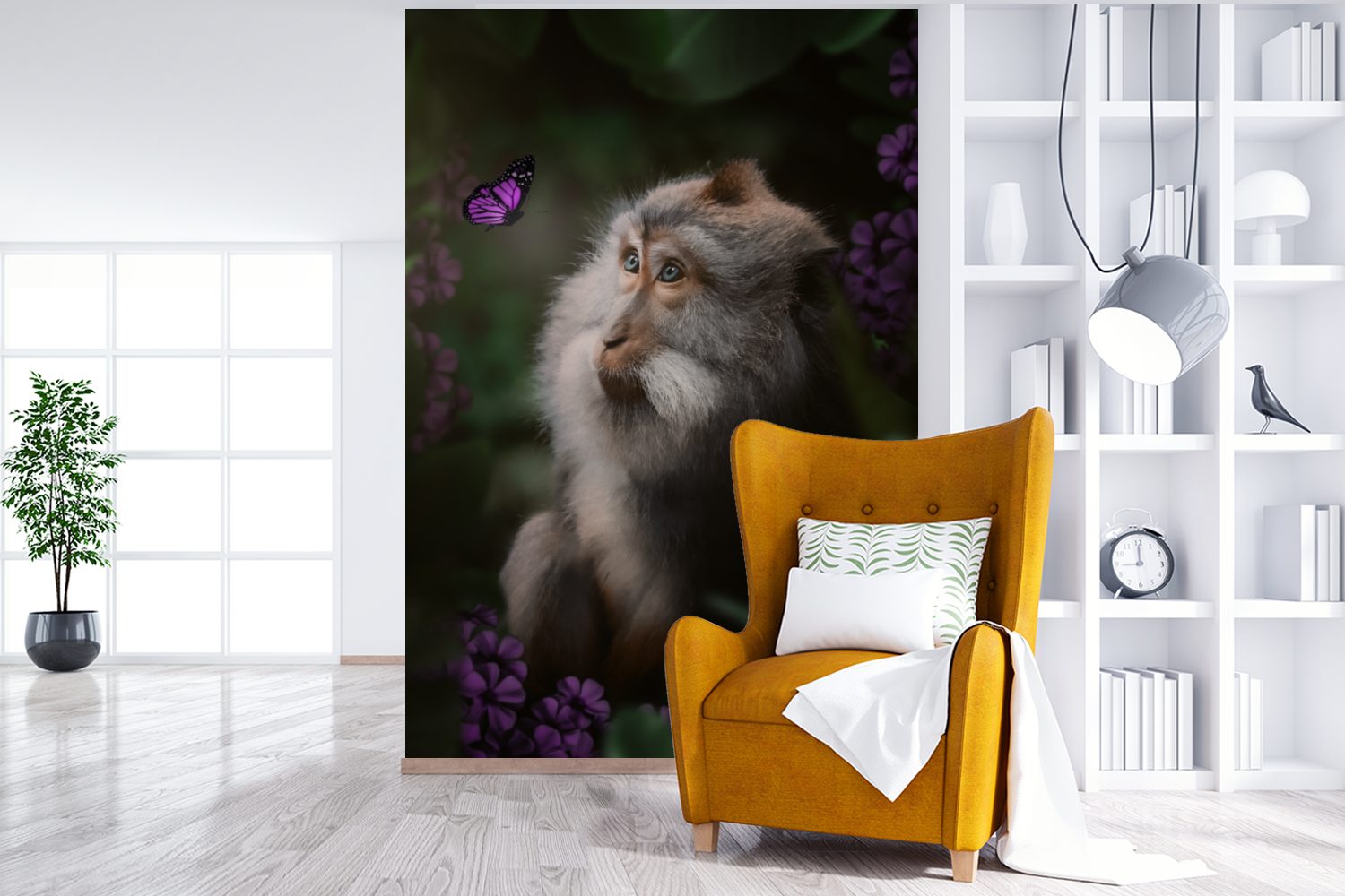Wohnzimmer, Pflanzen, Montagefertig St), für bedruckt, (3 Vinyl Schmetterling MuchoWow Tapete Dschungel - Affe Fototapete - - Wandtapete Matt,