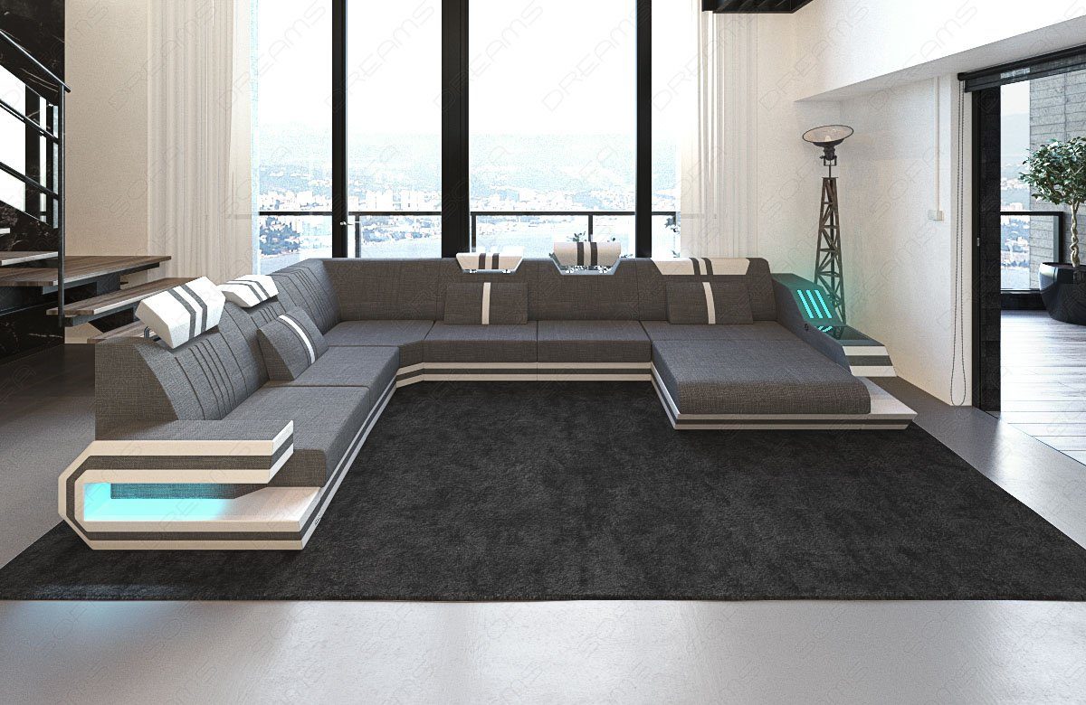 Stoff mit H grau-weiß Strukturstoff Sofa wahlweise XXL Stoffsofa, Wohnlandschaft Sofa Dreams Polster Ravenna Bettfunktion Couch
