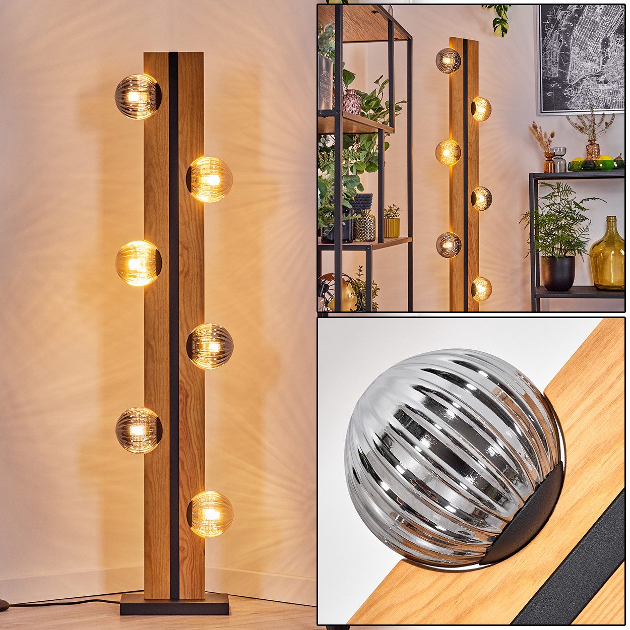 hofstein Stehlampe Stehlampe aus Holz/Metall/Riffelglas in Natur/Schwarz/Bernstein/Rauch, ohne Leuchtmittel, 120 cm, G9, Fußschalter - Wohnzimmer, Schlafzimmer, Esszimmer, Flur