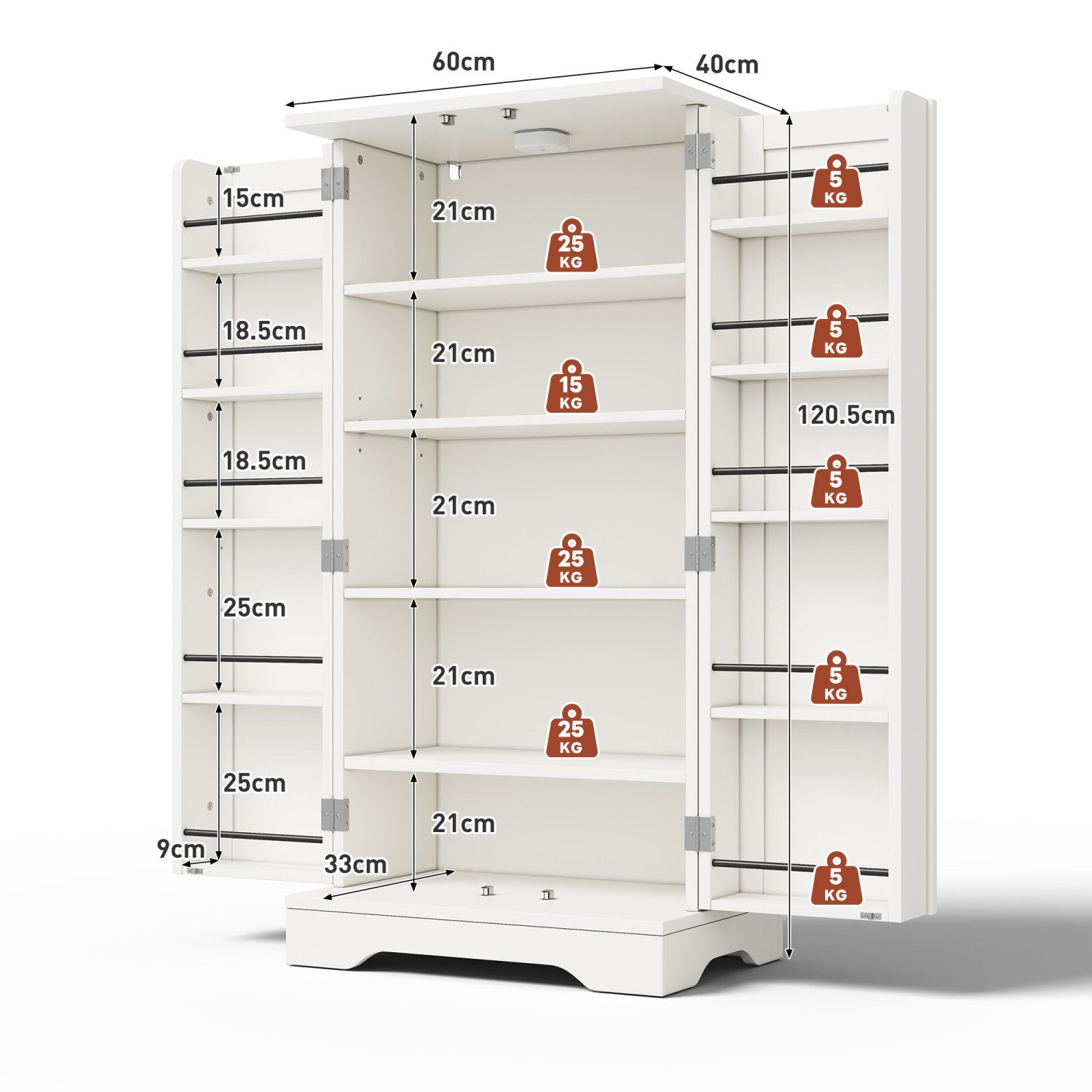 ANYSUN Midischrank Schmaler Schrank mit 2 Türen,LED-Sensorlicht,Mehrzweckschrank Küche (1-St., Einzelstück) Küchenschrank mit Verstellbare Regalböden,Türablagen,120x60x40cm