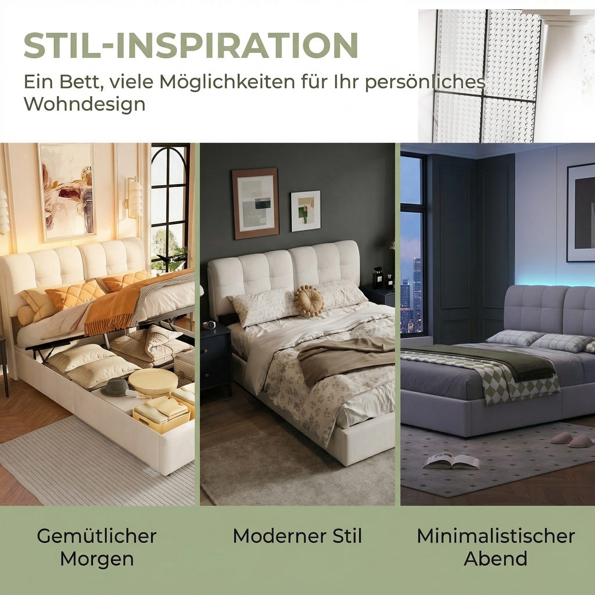 PXloue Stauraumbett Polsterbett mit Stauraum (Hochklappbares Bett 140x200 cm (Stimmungsvolles LED-Lichtband), Cremeweiß, mit stabilem Lattenrost & gepolstertem Kopfteil